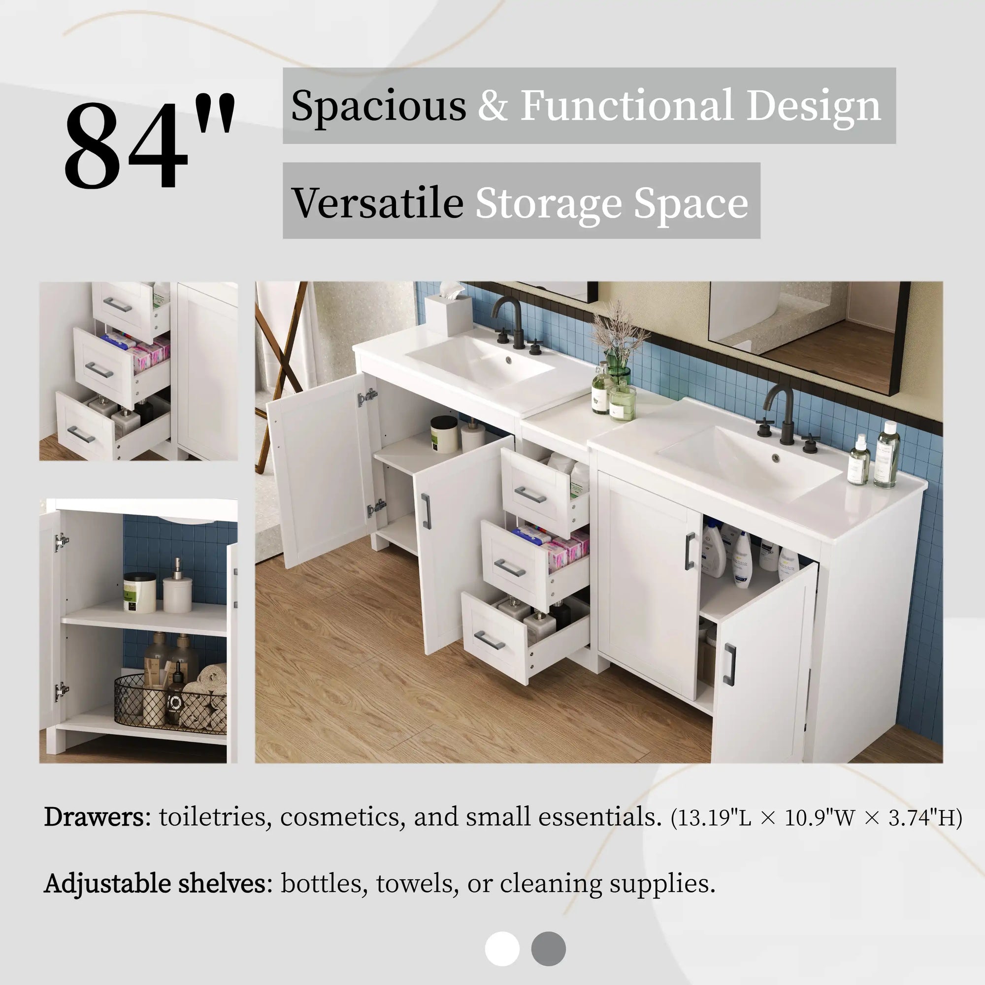 Elysian 84&quot; Freestanding Bathroom Vanity with Double Sinks – White