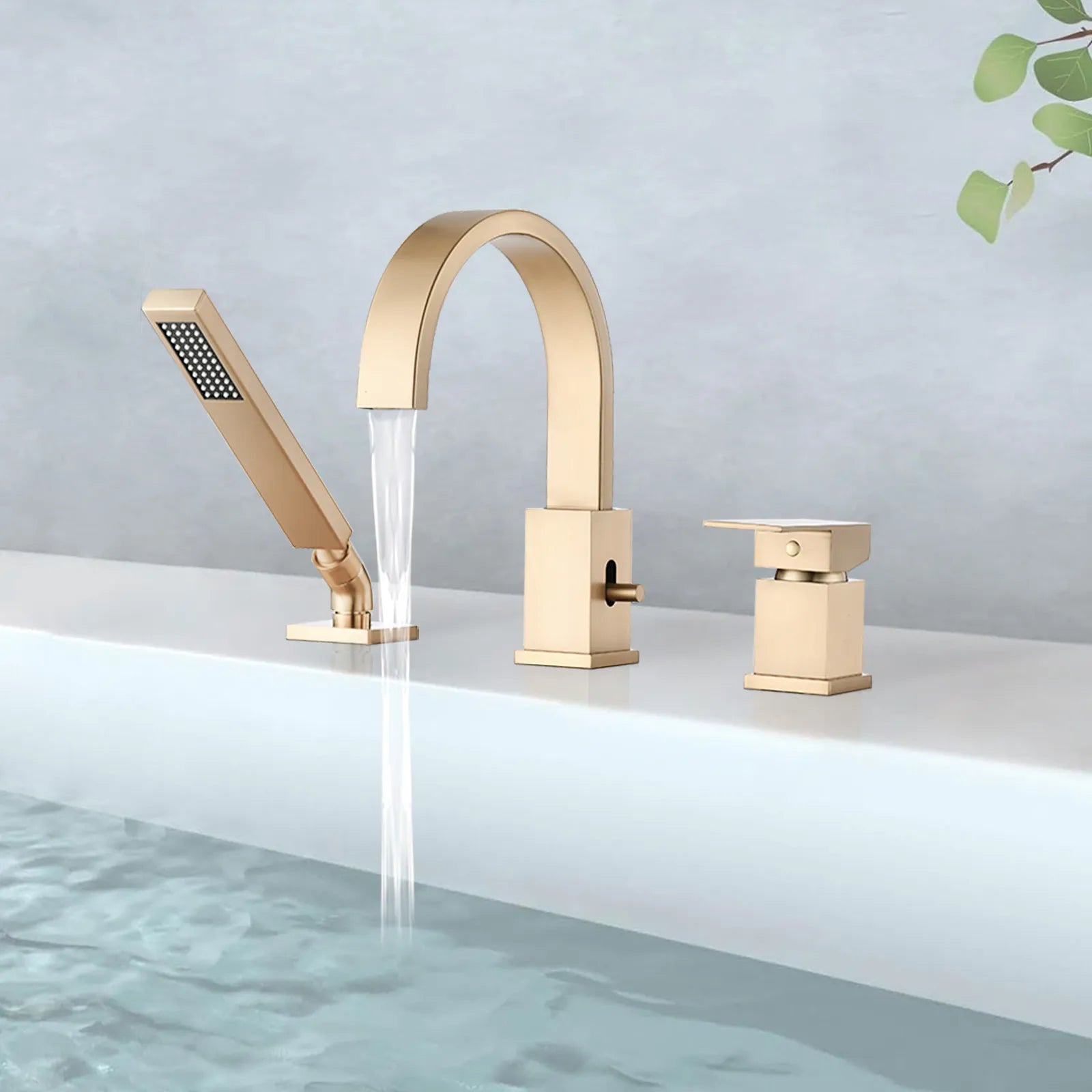 FLUNIX Brushed Gold Brass Waterfall Roman Deck Mounted Tub Faucet Set with Hand Shower
