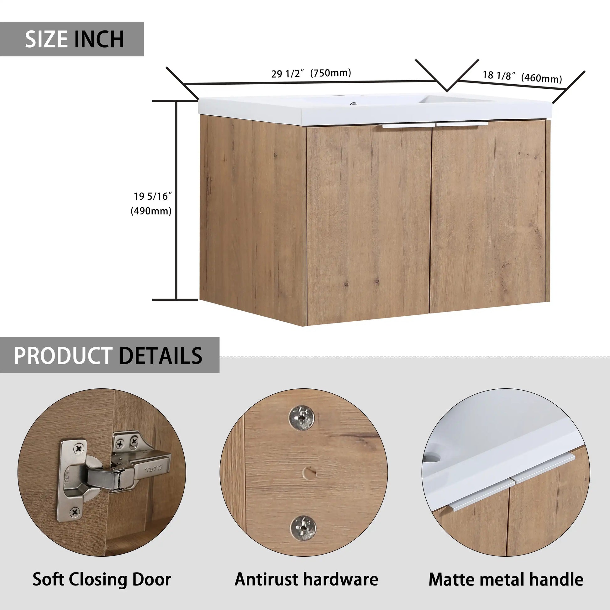 Floating Bathroom Cabinet with Sink & Soft-Close Doors - Ideal for Small Bathrooms color: Imitative Oak | size: 30 inch | combination: Separate Wash Basin