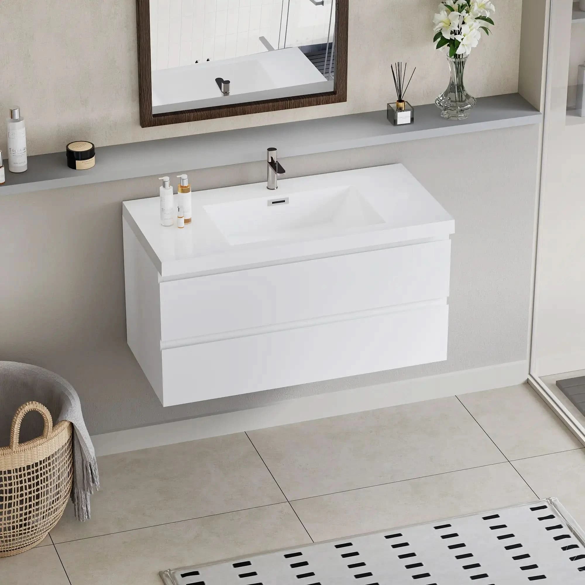 Floating Bathroom Vanity with Resin Top Basin &amp; Soft Close Drawers - Modern Wall-Mounted Storage Cabinet color:White