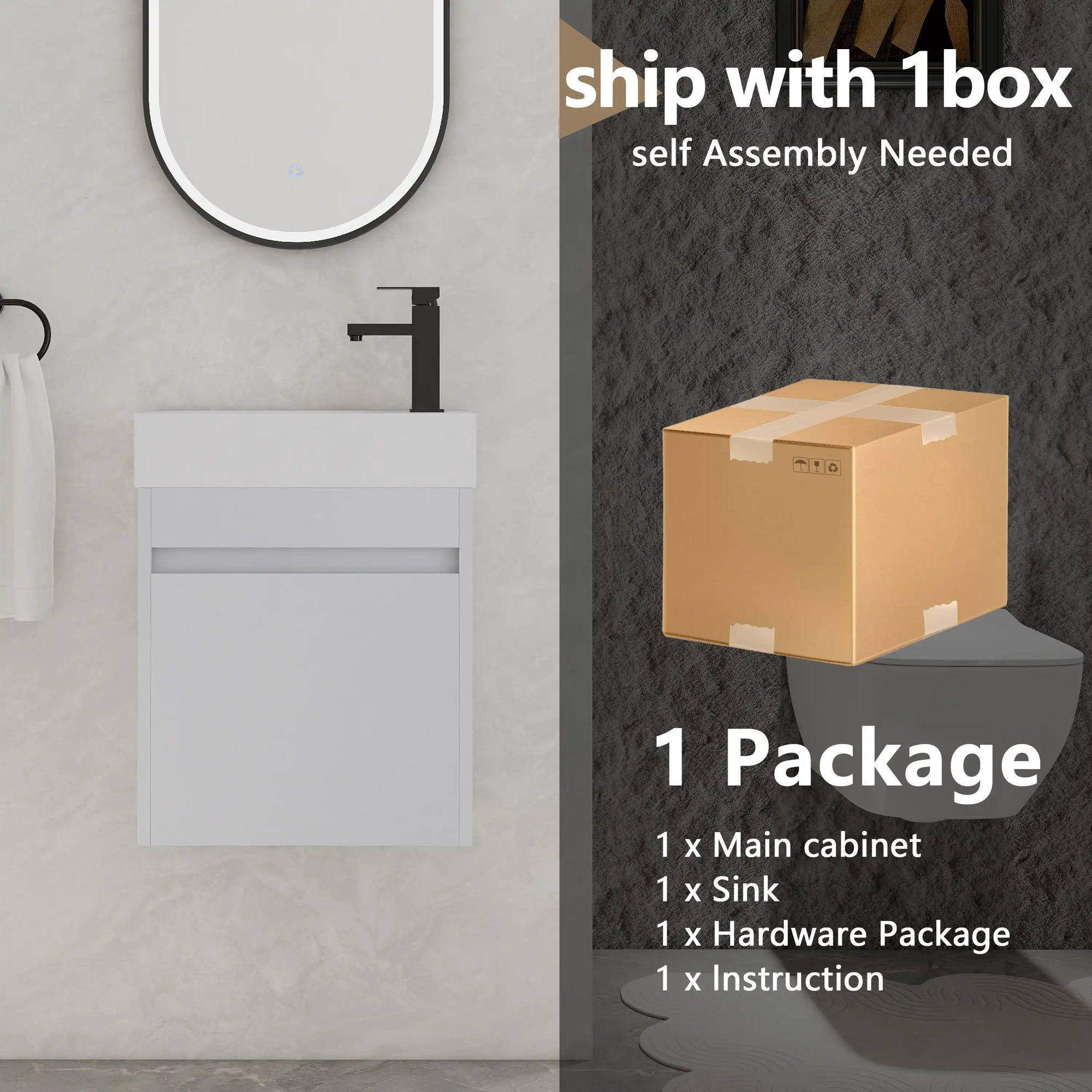18" white bathroom sink with vanity showing one-box packaging and included components | Ace Decor