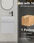 18" white bathroom sink with vanity showing one-box packaging and included components | Ace Decor