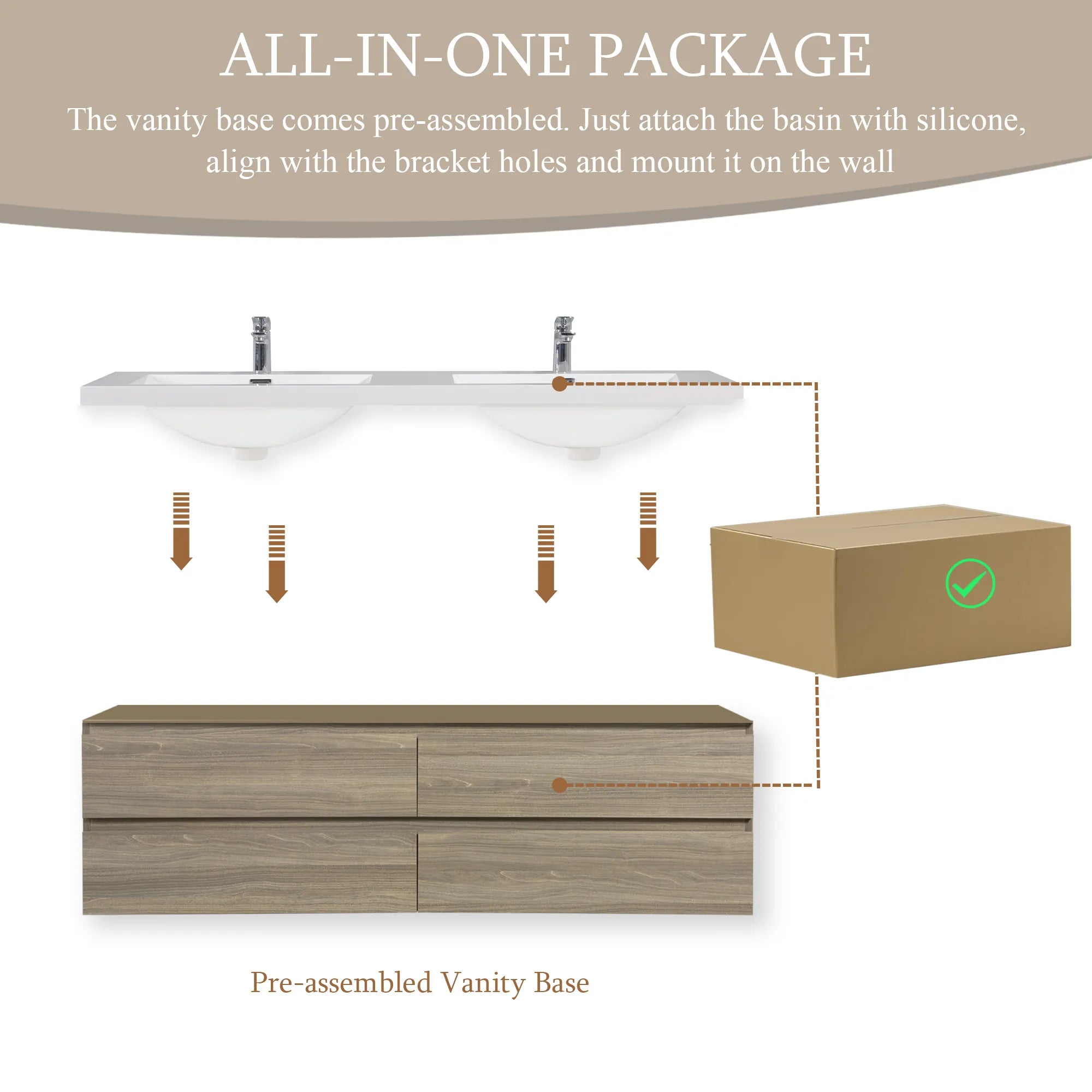 Pre-assembled wall-mounted dark oak  bathroom vanity with pre-drilled mounting holes.
