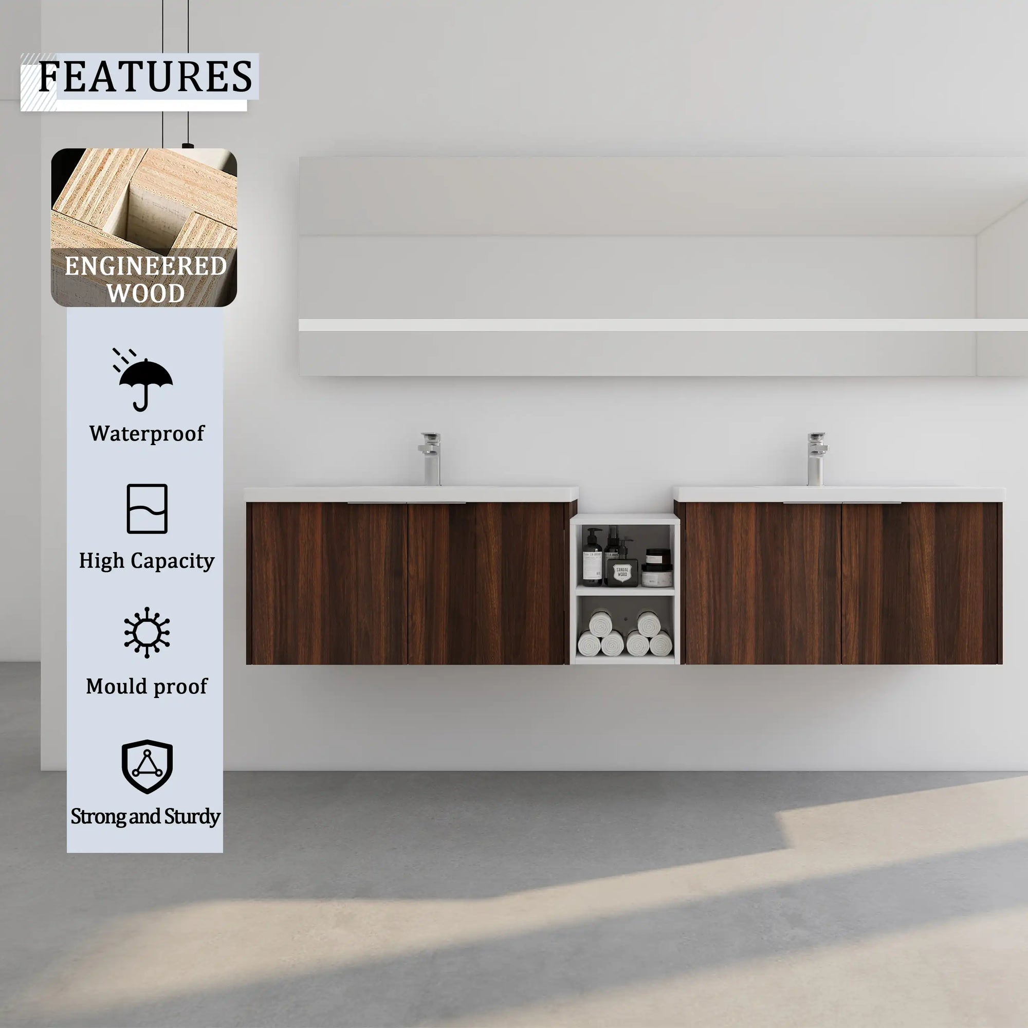 Monterey Series 84" Double Floating Bathroom Vanity in California Walnut with Side Cabinet and Integrated Sink