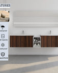 Monterey Series 84" Double Floating Bathroom Vanity in California Walnut with Side Cabinet and Integrated Sink