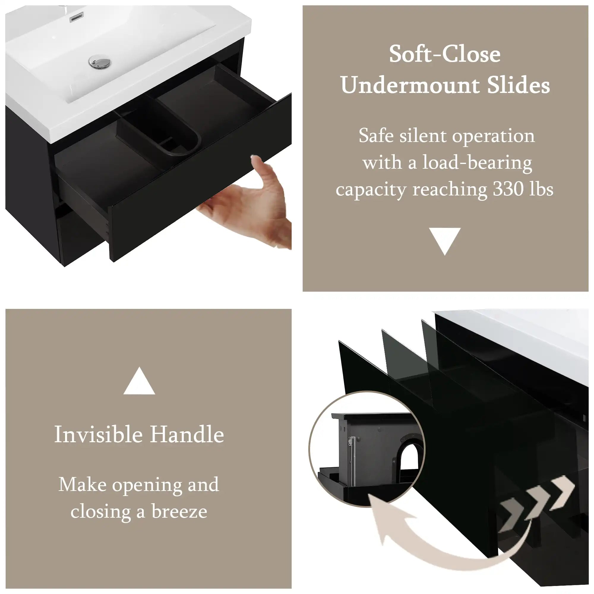 Oakmere Series 30" Black Bathroom Floating Vanity with Resin Sink &amp; 2 Soft-Close Drawers