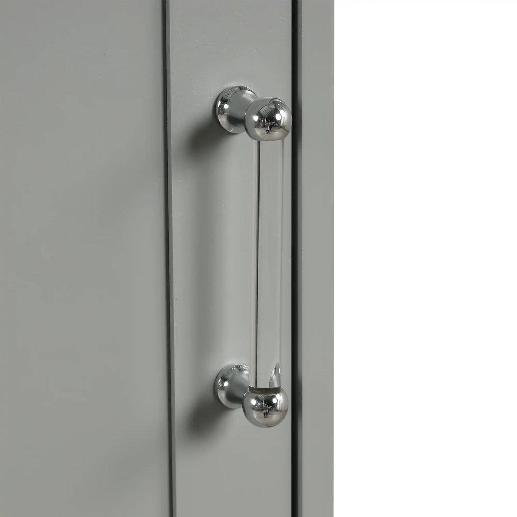 Silver handle detail on grey Valmor 68.1 inch tall bathroom storage cabinet.