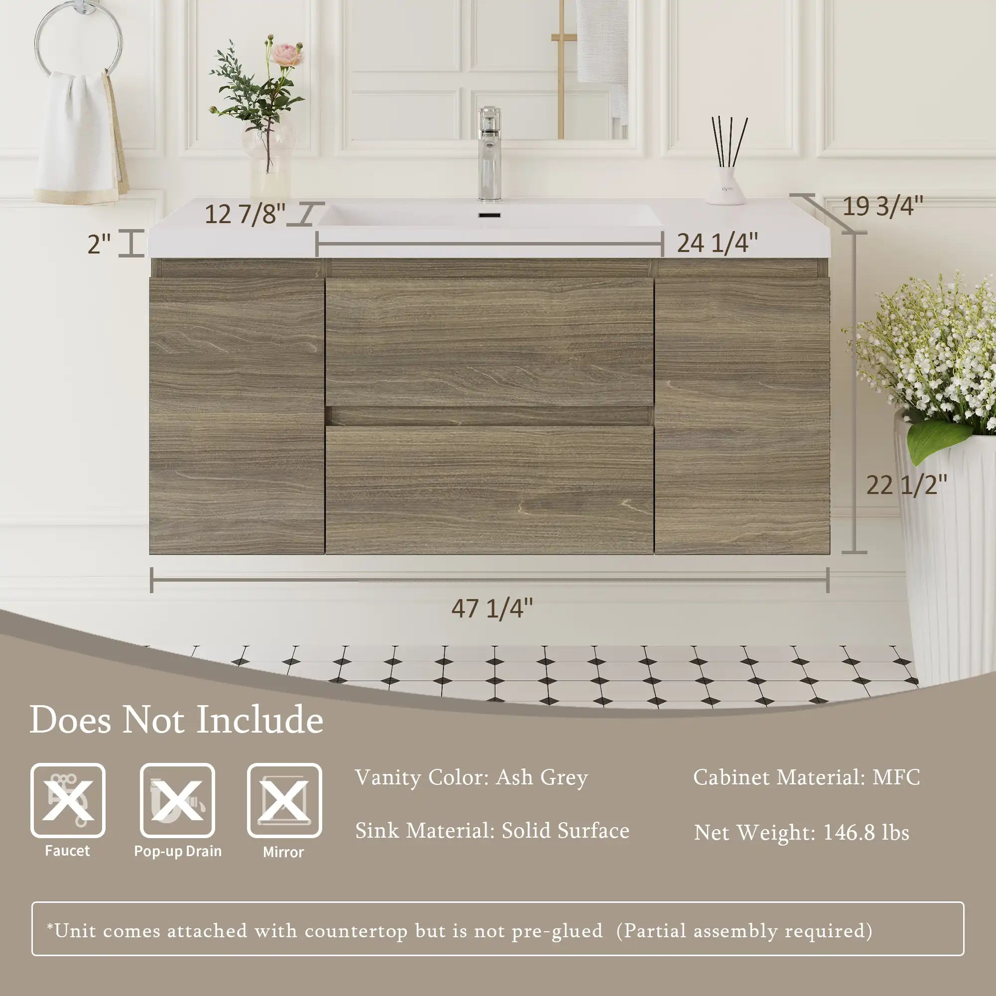 48 inch bathroom vanity in ash grey with solid surface sink and detailed size dimensions shown | Ace Decor