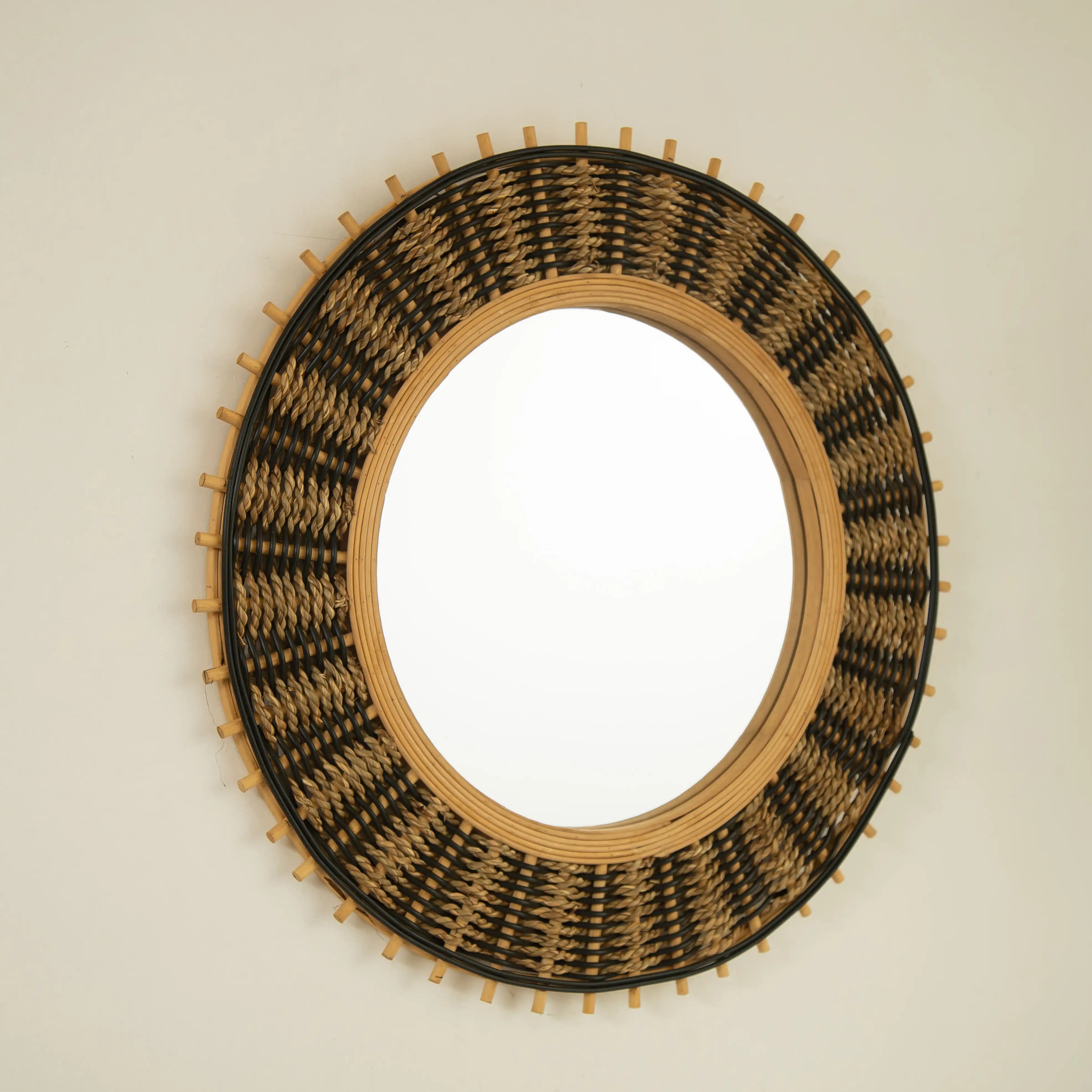 23-inch round bamboo mirror with natural and black woven design | Ace Decor