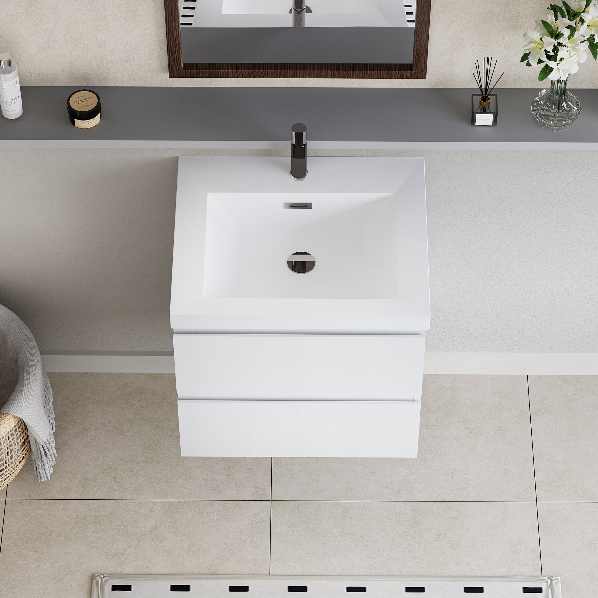 Floating Bathroom Vanity with Resin Top Basin & Soft Close Drawers - Modern Wall-Mounted Storage Cabinet color: White