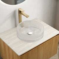 14 inch small sink for bathroom shown on countertop with gold faucet | Ace Decor