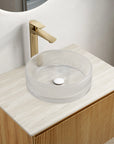 14 inch small sink for bathroom shown on countertop with gold faucet | Ace Decor