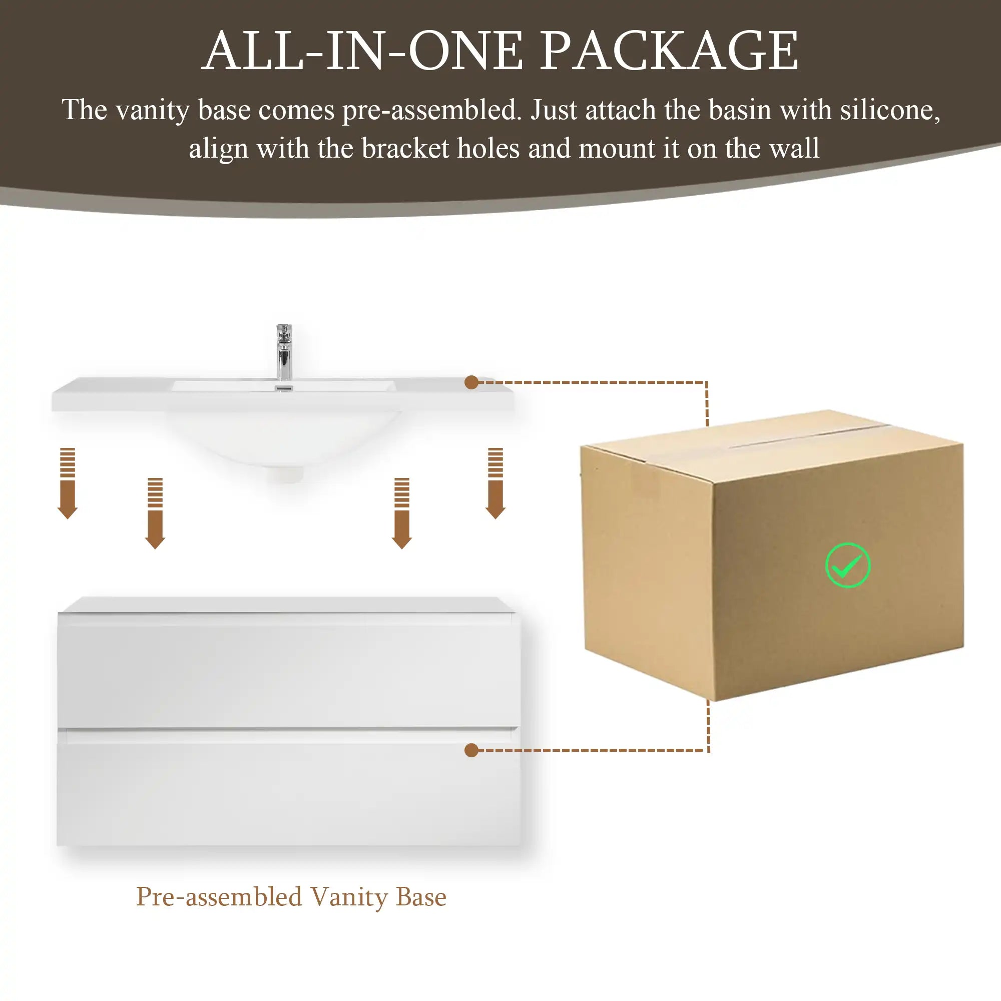 Oakmere Series 42" White Bathroom Floating Vanity with Resin Sink &amp; 2 Soft-Close Drawers
