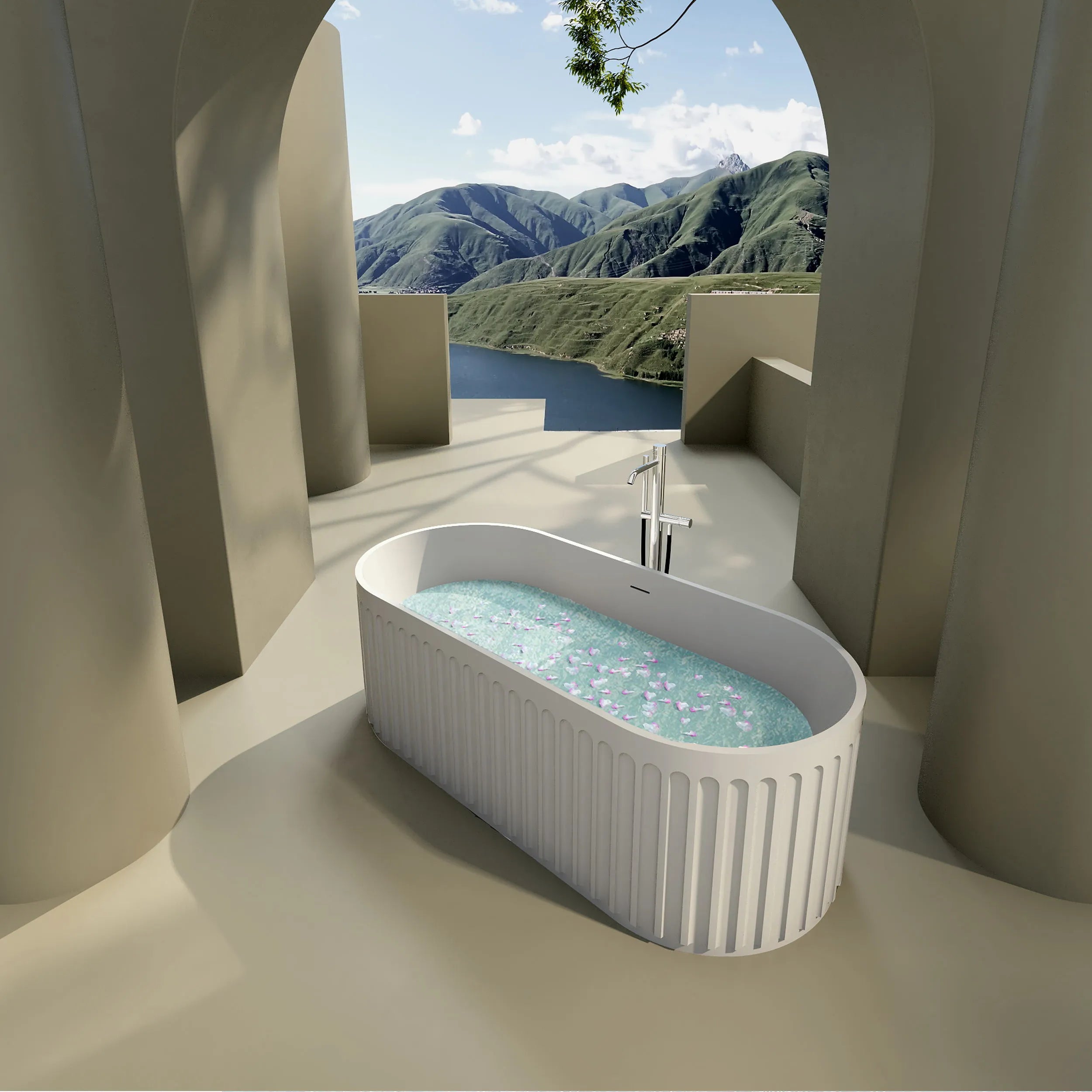 Nectar Series 67-inch white freestanding tub with floating flower petals, set within an archway overlooking a serene mountain and lake.
