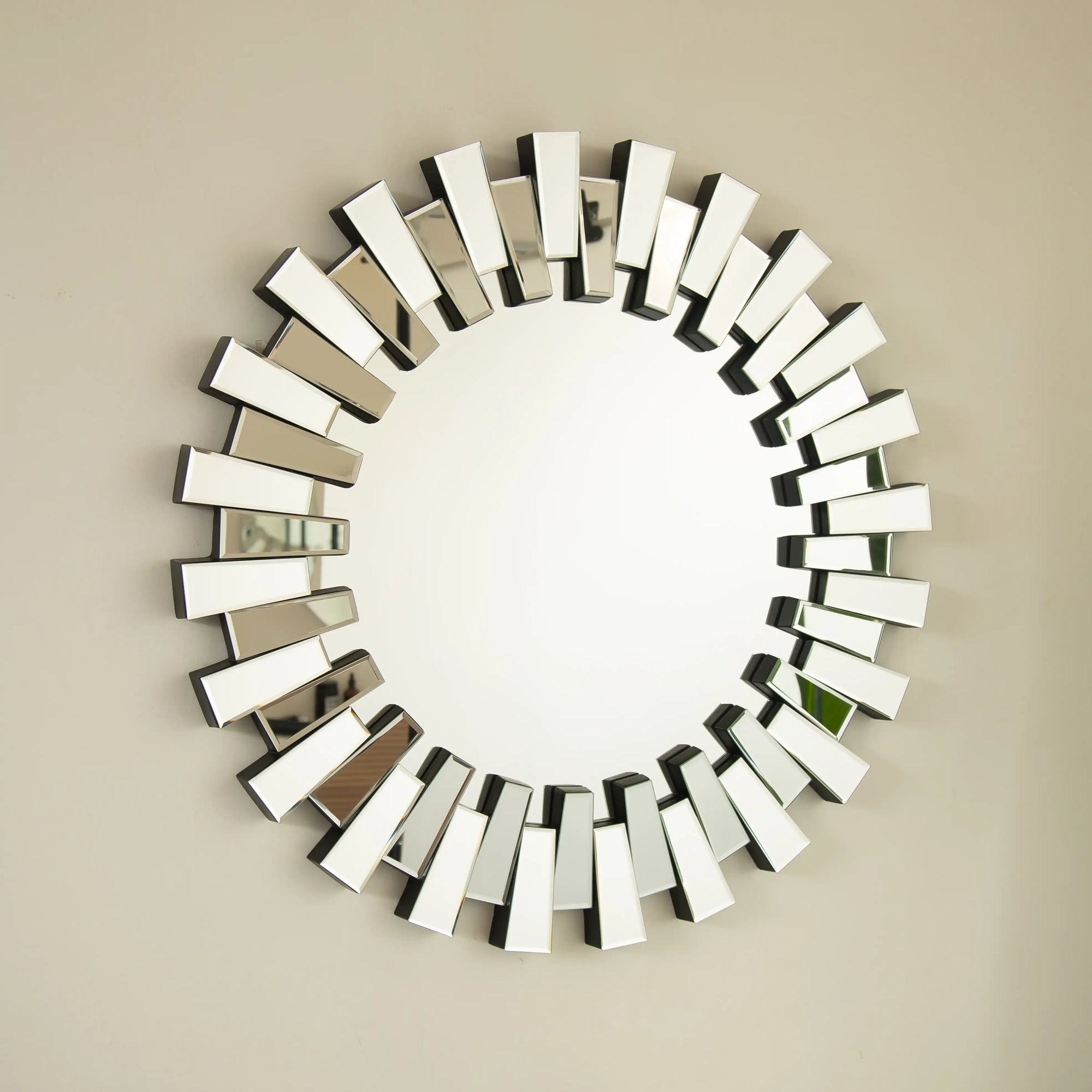 32 inch circle mirror vanity with geometric layered glass frame | Ace Decor