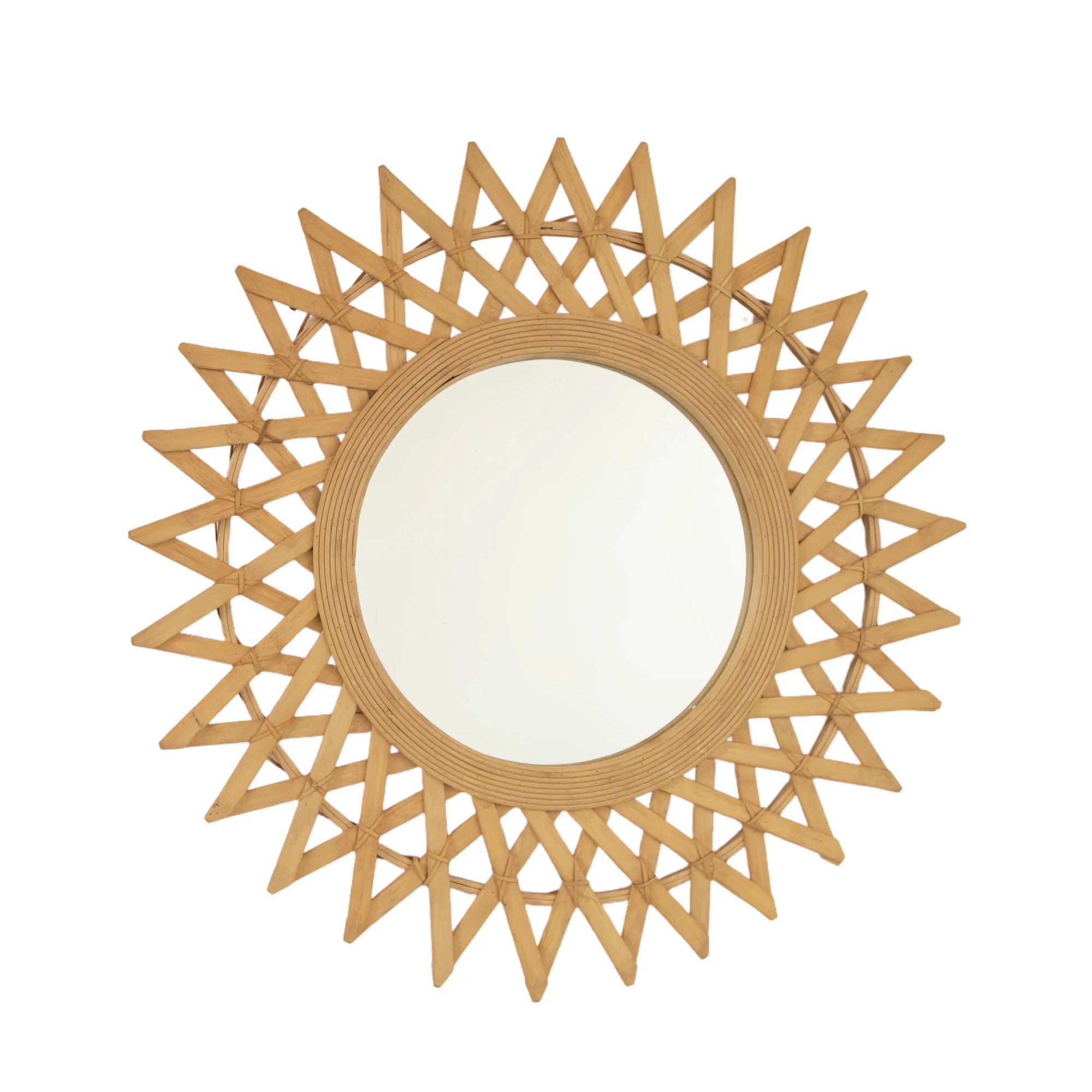 24-inch bamboo bathroom mirror with natural handwoven sunburst frame | Ace Decor