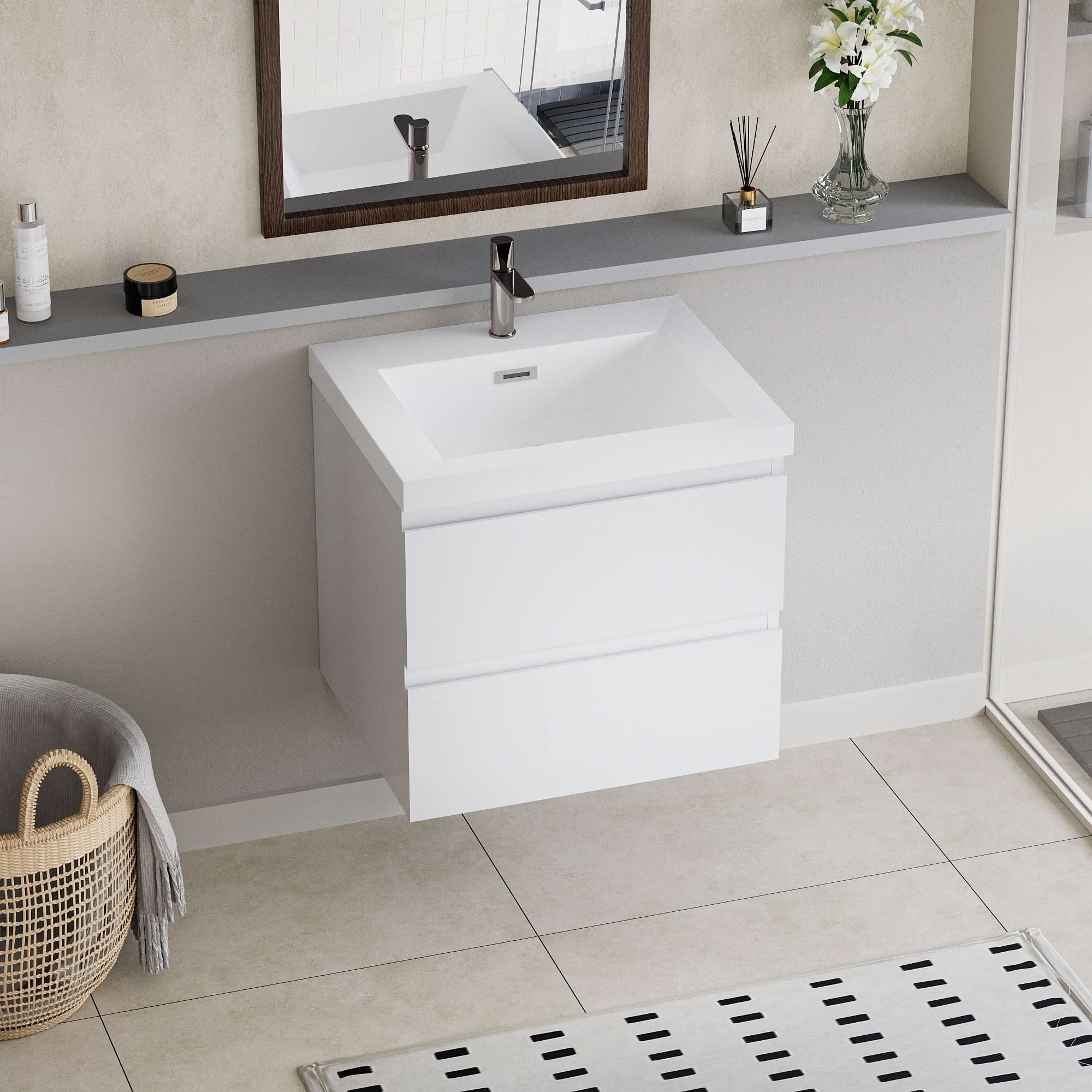 Floating Bathroom Vanity with Resin Top Basin &amp; Soft Close Drawers - Modern Wall-Mounted Storage Cabinet color: White