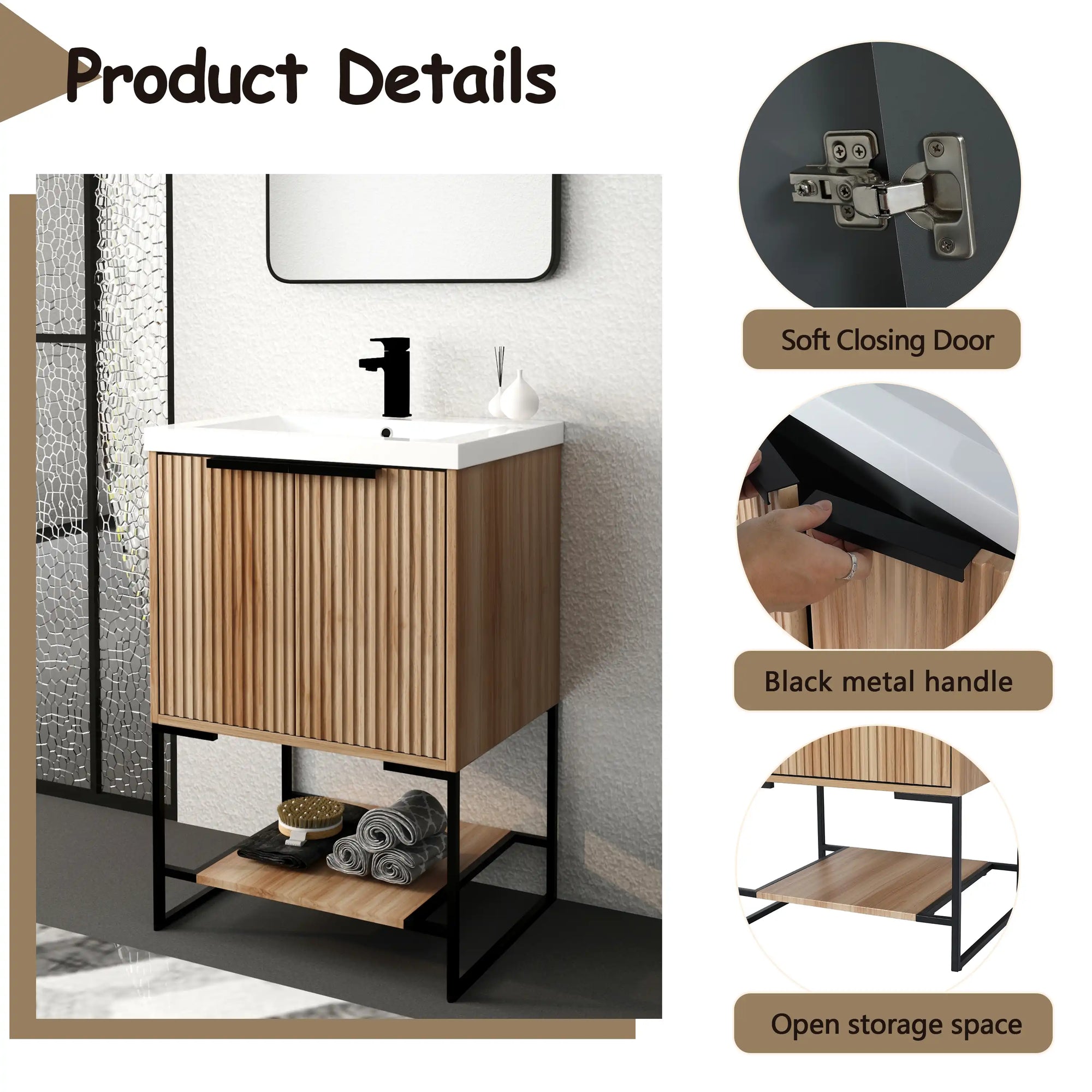 Freestanding 24 inch bathroom vanity with sink product details showing soft-close hinge and handle | Ace Decor
