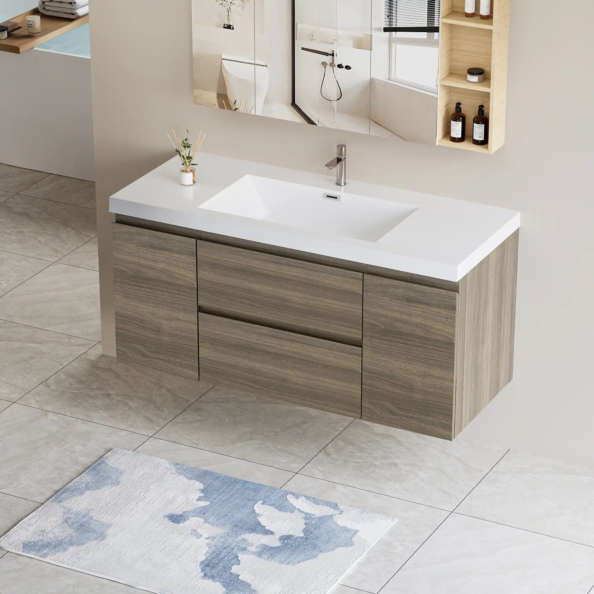 Modern Floating Bathroom Vanity with Resin Top Basin & Soft Close Drawers - Wall-Mounted Storage Cabinet color: Ash Grey