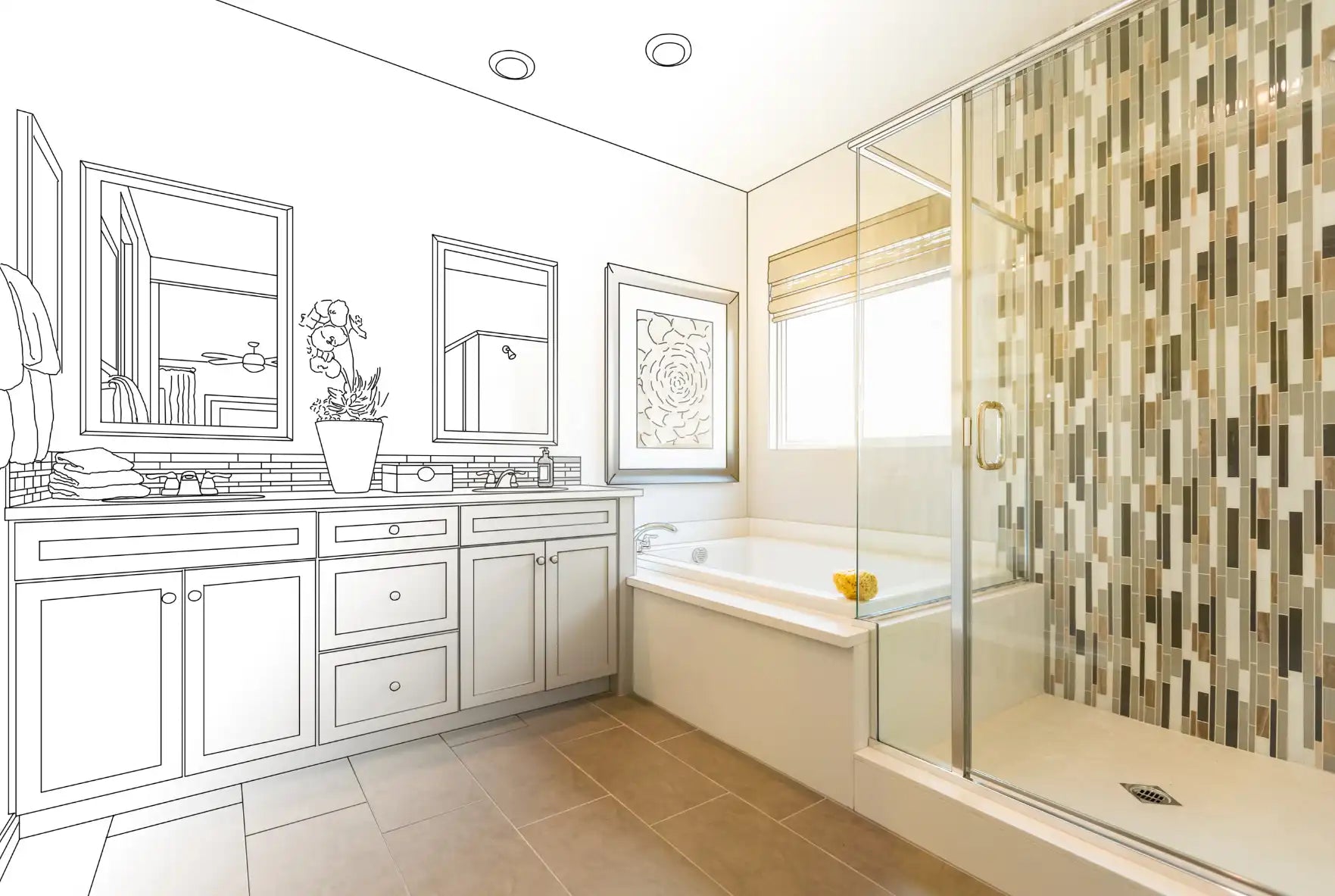 Hand-drawn bathroom design concept with glass tiles and bathroom furniture | ACE DECOR