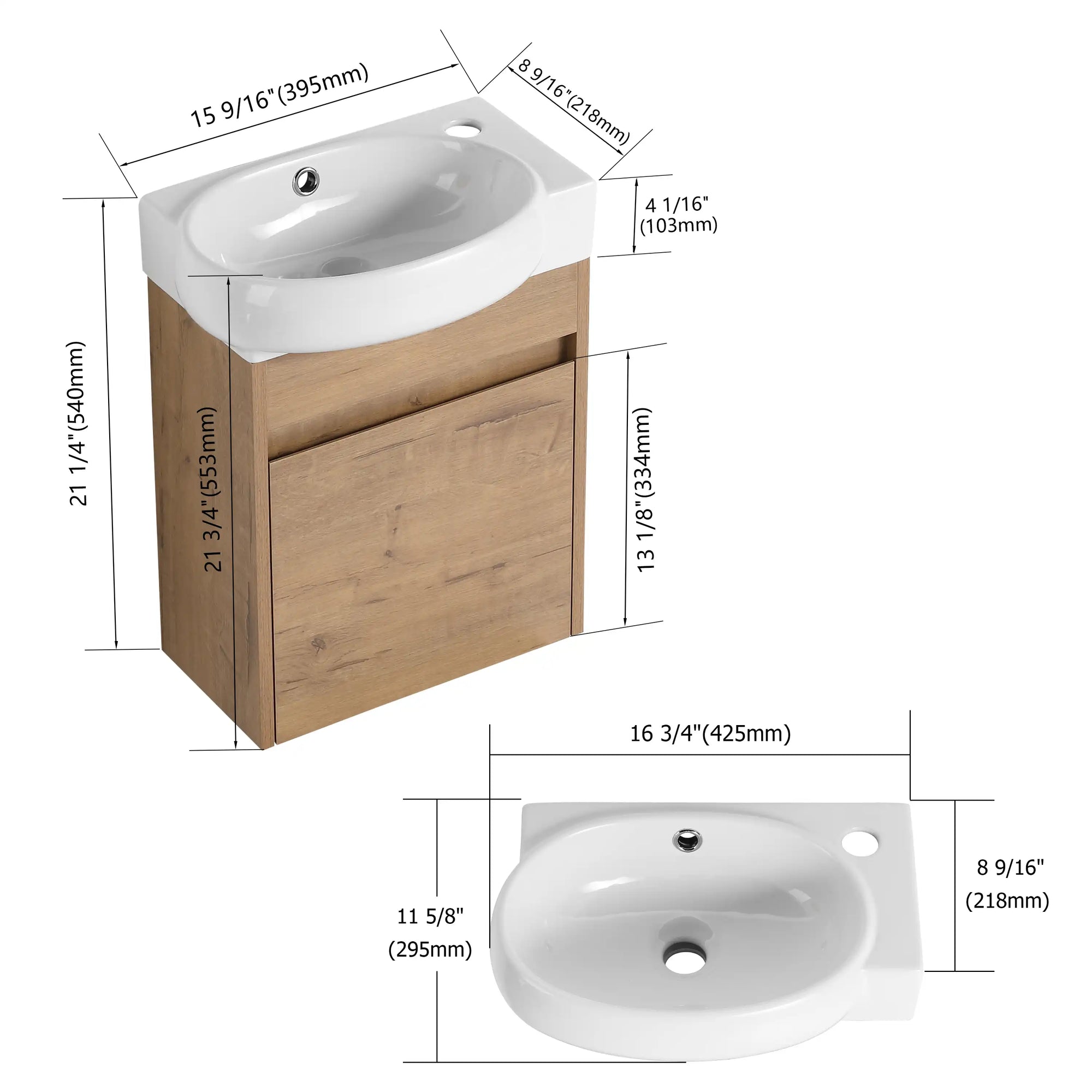 16" single floating bathroom vanity with dimension details and wood cabinet design