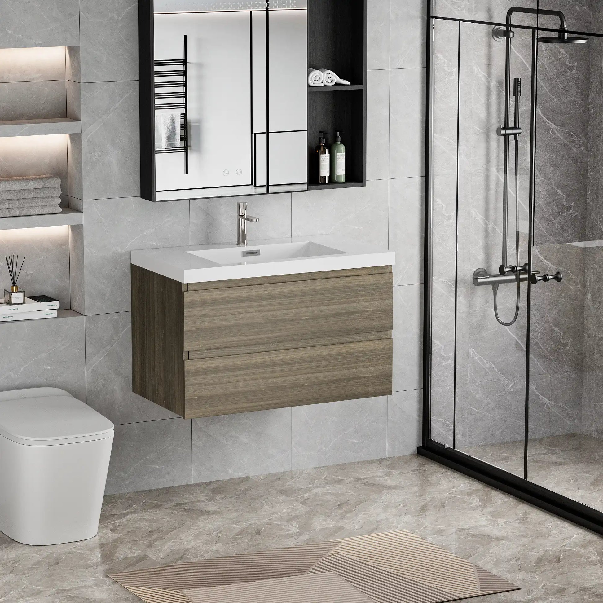 Floating Bathroom Vanity with Resin Top Basin & Soft Close Drawers - Modern Wall-Mounted Storage Cabinet color: Ash Grey