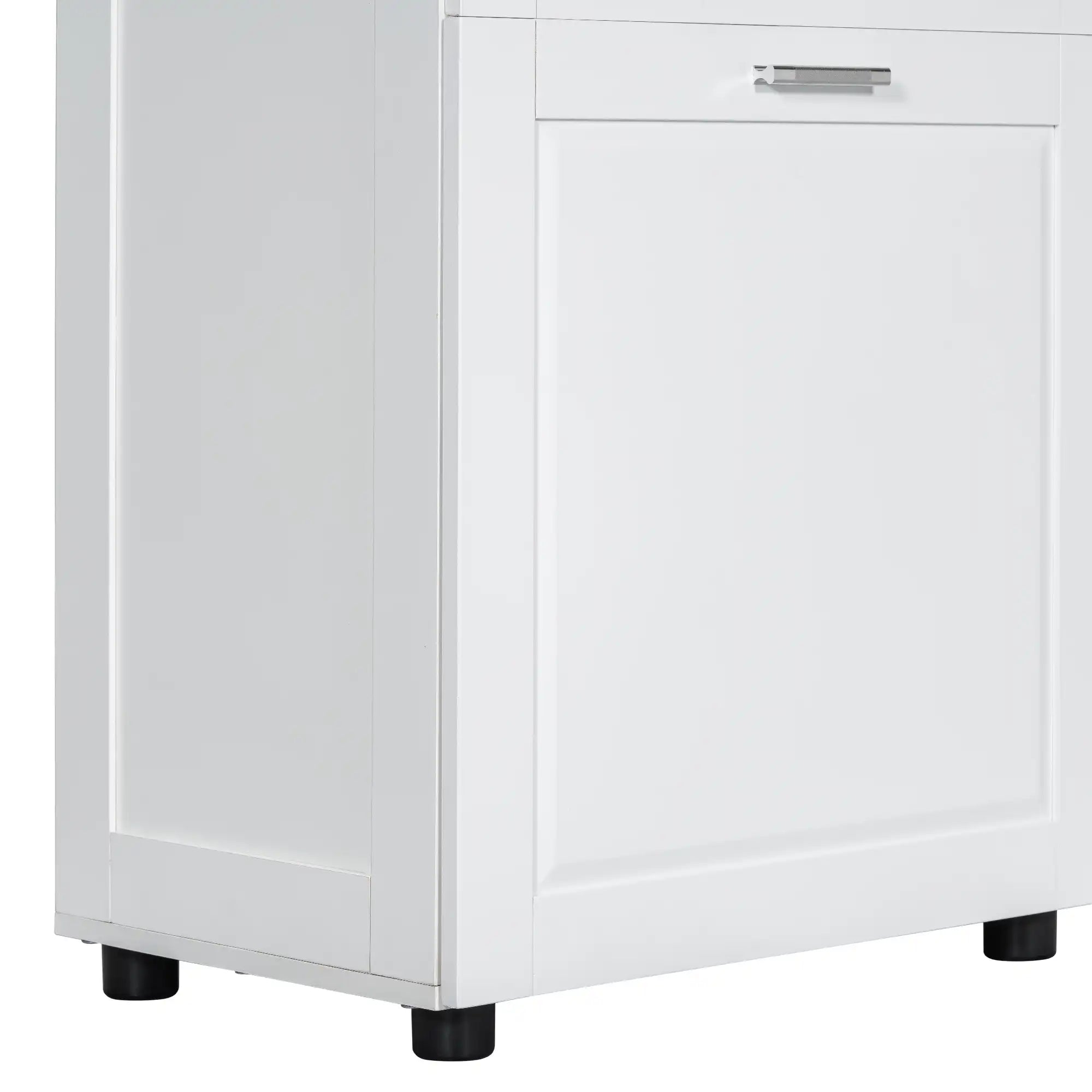 69.92” White Tall Bathroom Linen Cabinet with Open Shelves, Drawers &amp; Laundry Basket
