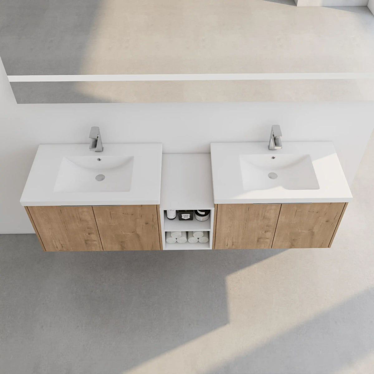 Top view of the 72 inch floating vanity in oak finish with chrome faucets and mirror in modern bathroom.
