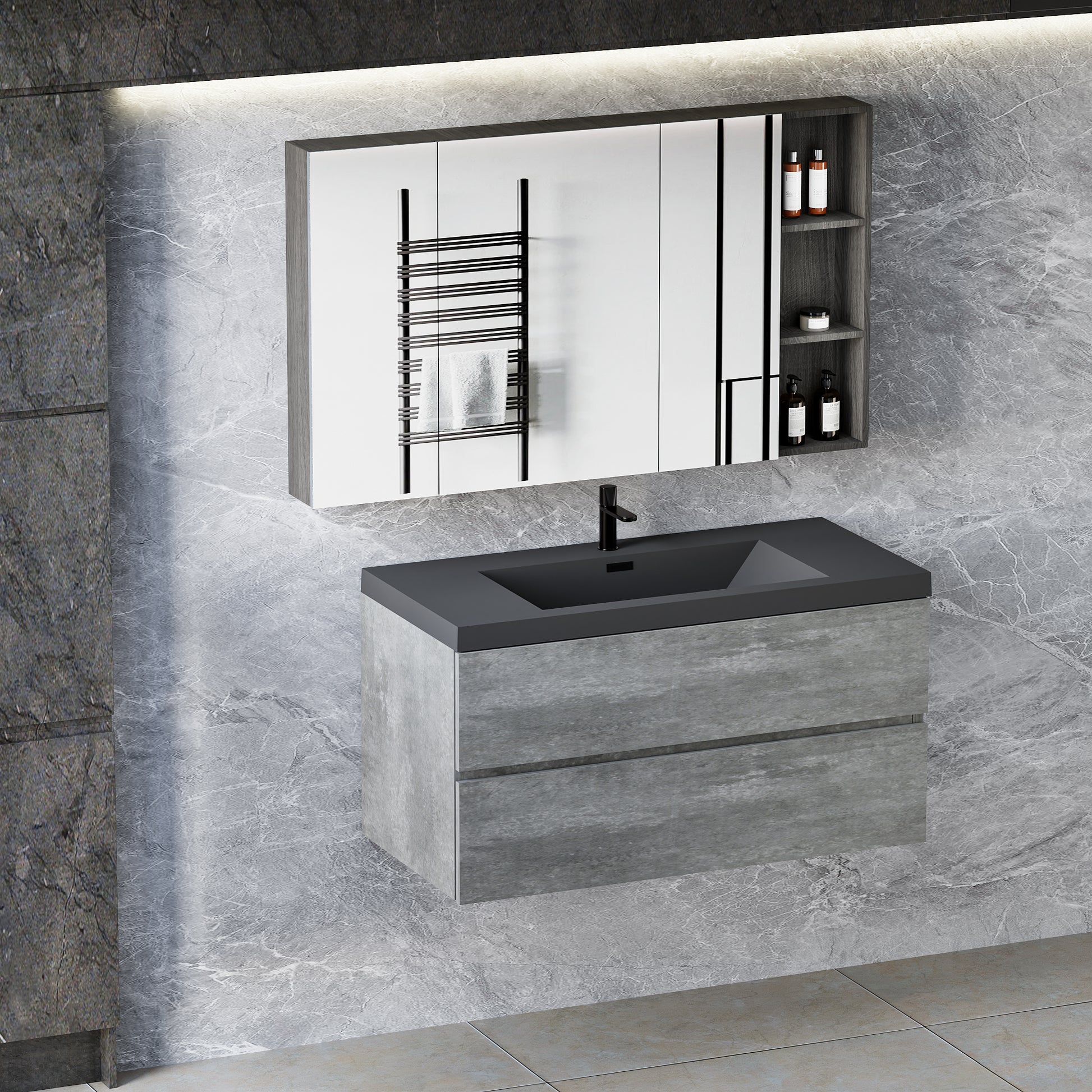 Floating Bathroom Vanity with Quartz Sand Basin and Soft Close Drawers color: Grey