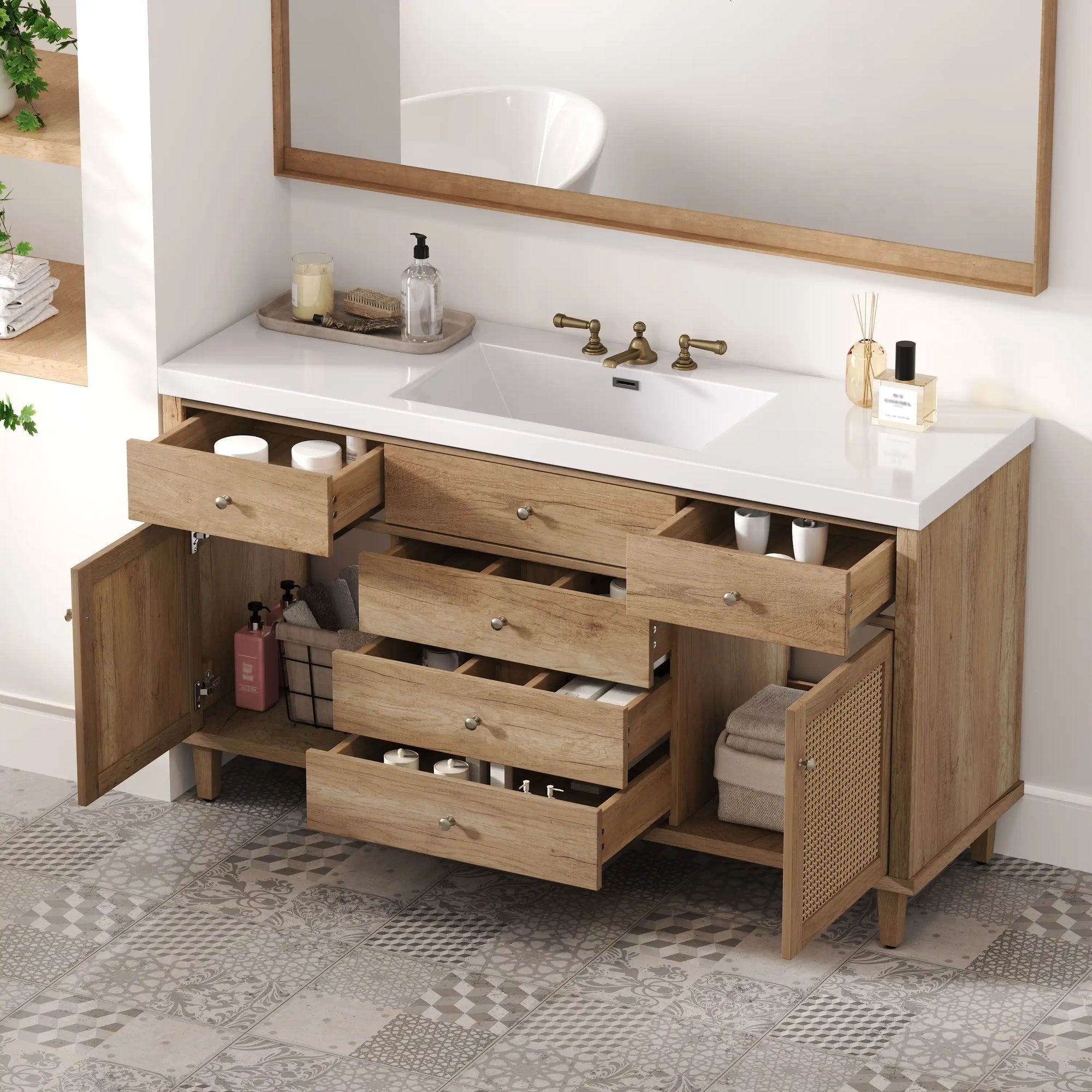 Soleil 60&quot; Bathroom Vanity with Sink, Natural Wood Cabinet with Drawers
