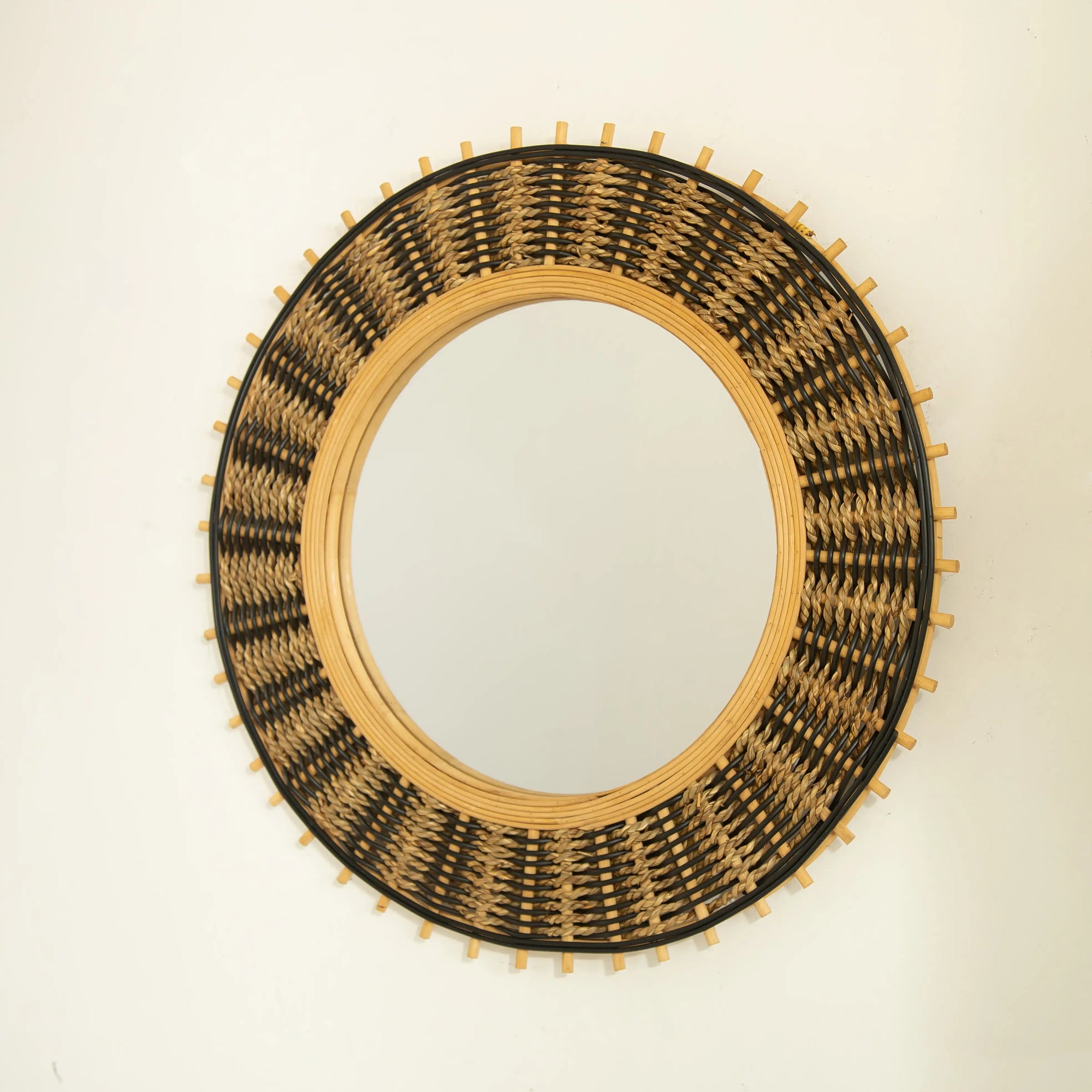 23-inch round bamboo mirror with handwoven natural and black pattern | Ace Decor