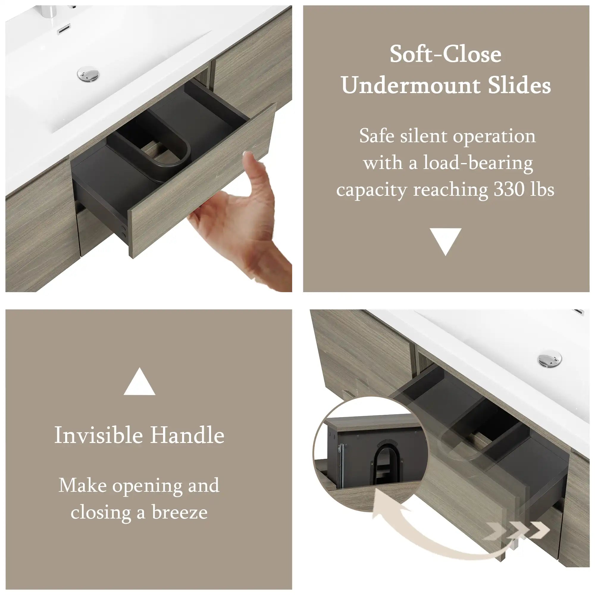 59 inch vanity single sink with soft-close drawers and invisible handle detail, ash grey floating design | Ace Decor