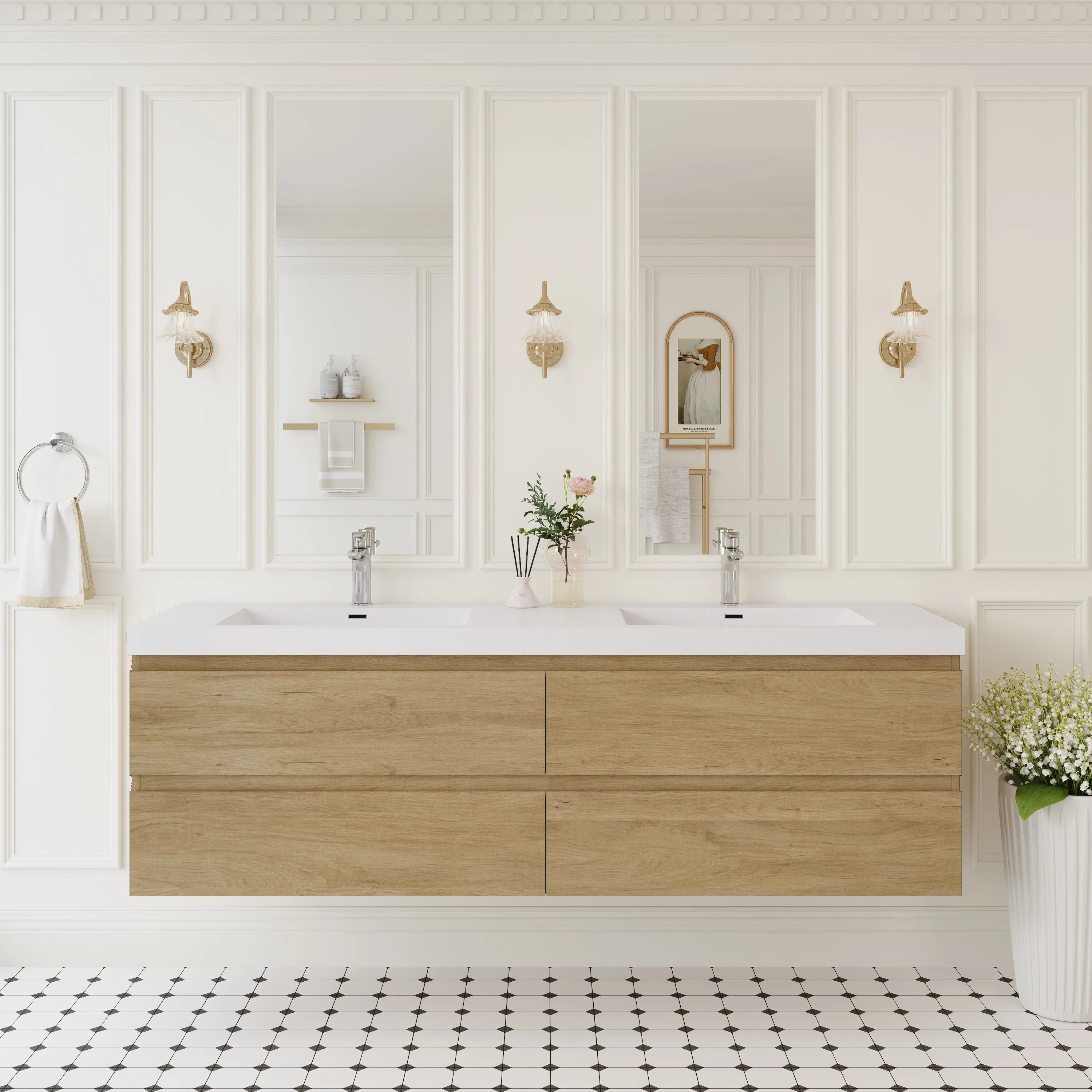 A Modern Wood Bathroom Vanity with a double sink design, sleek white countertop and two storage drawers in a white bathroom.