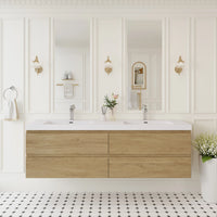 A Modern Wood Bathroom Vanity with a double sink design, sleek white countertop and two storage drawers in a white bathroom.