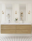 A Modern Wood Bathroom Vanity with a double sink design, sleek white countertop and two storage drawers in a white bathroom.