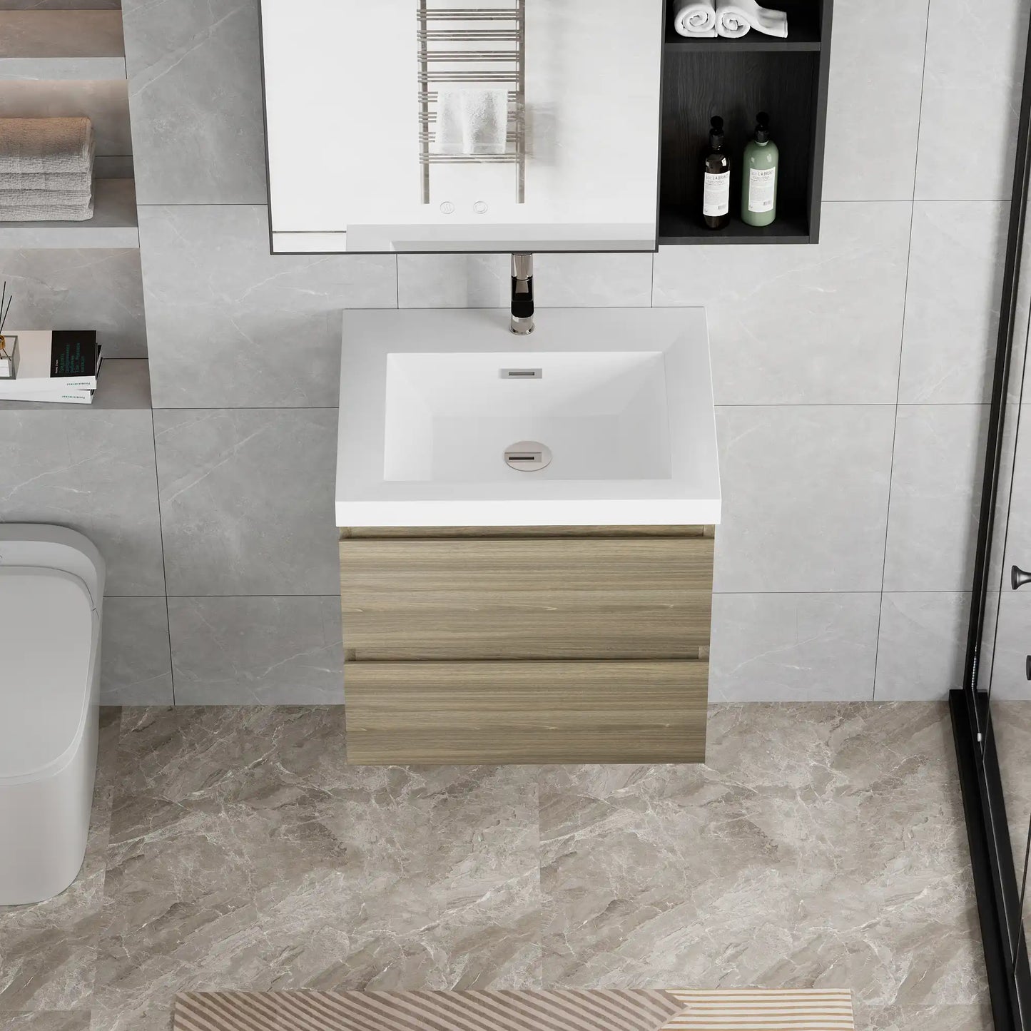 Floating Bathroom Vanity with Resin Top Basin & Soft Close Drawers - Modern Wall-Mounted Storage Cabinet color: Ash Grey