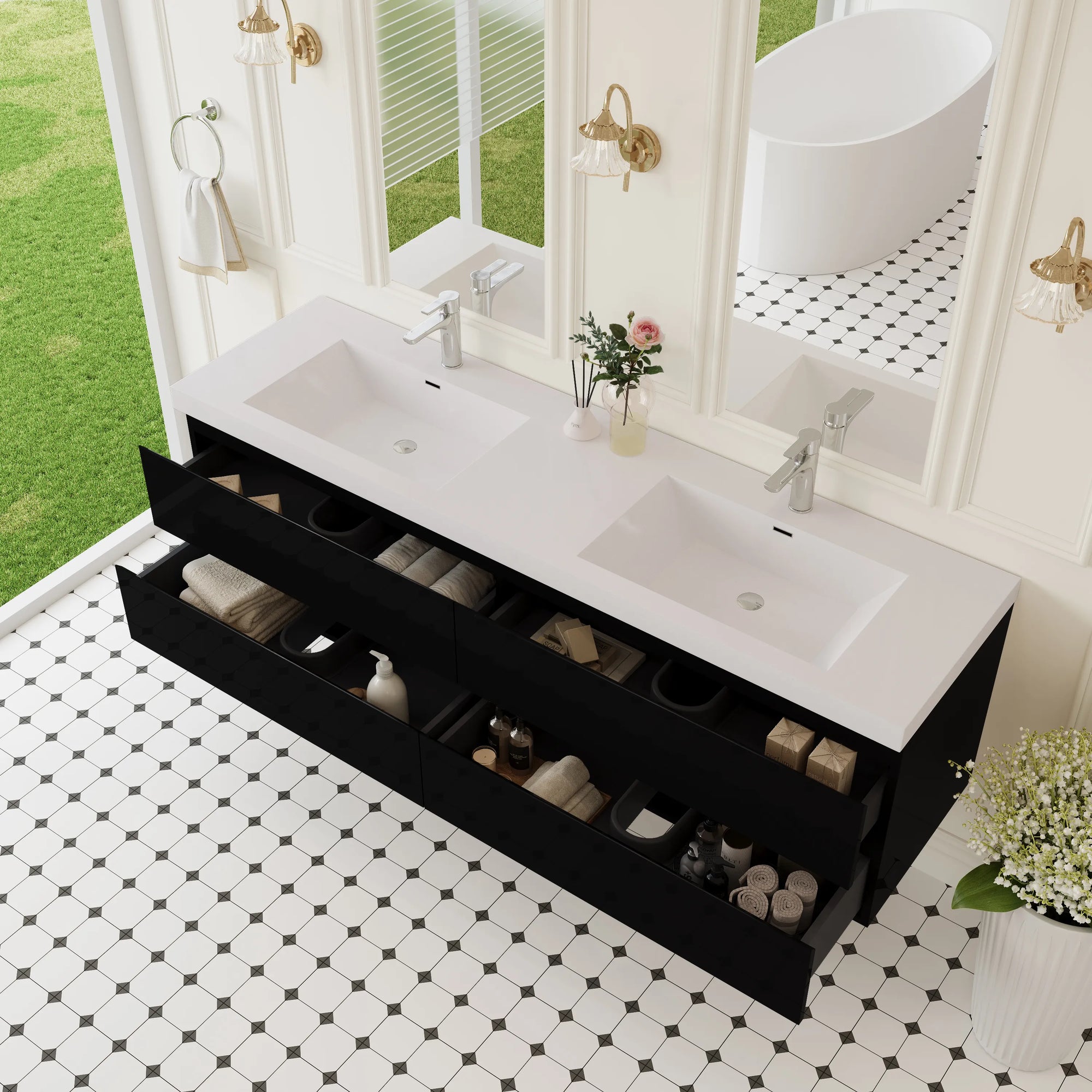 TerraLine 72" black floating vanity with open soft-close drawers and double sinks.