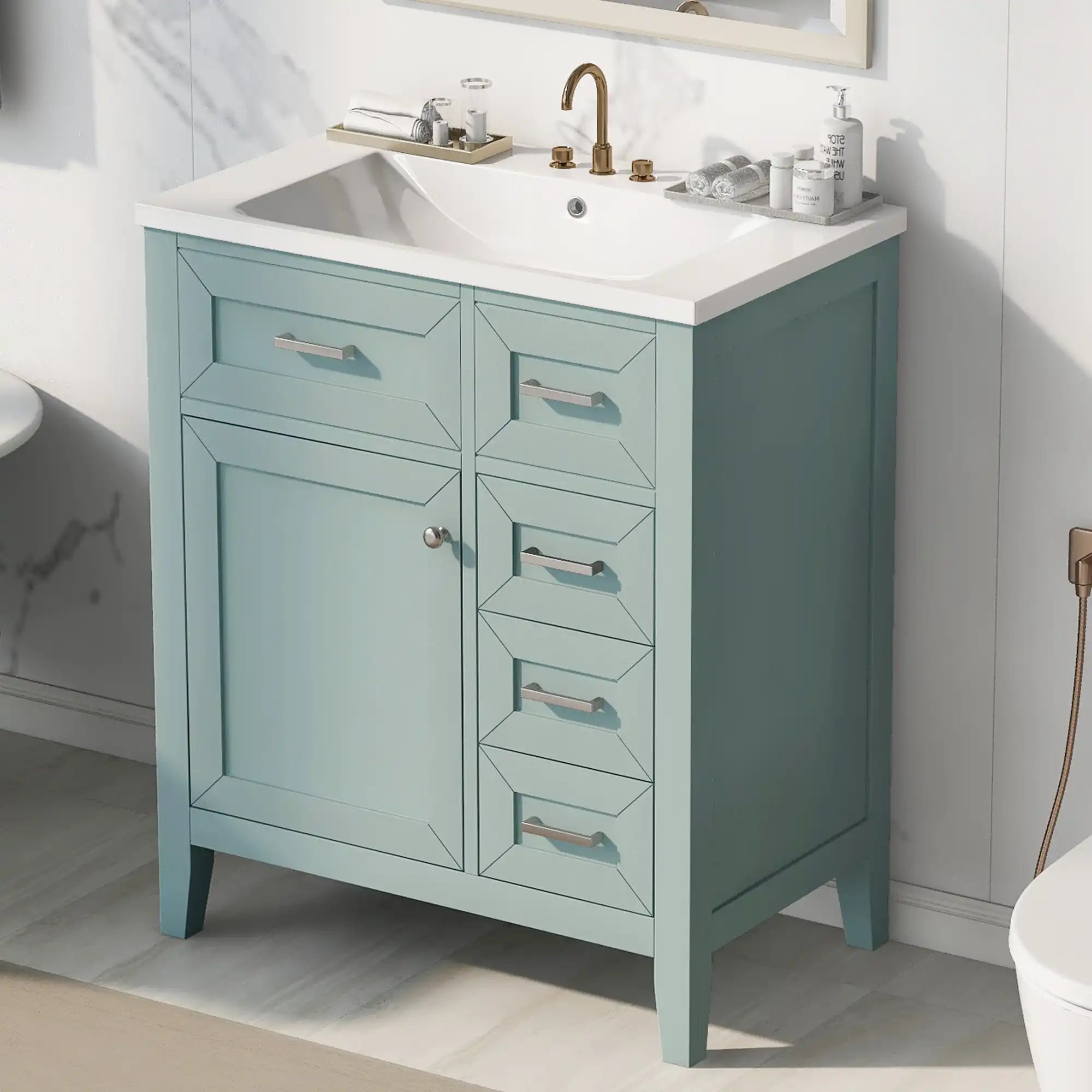 30 inch green bathroom vanity in bathroom setting | Ace Decor