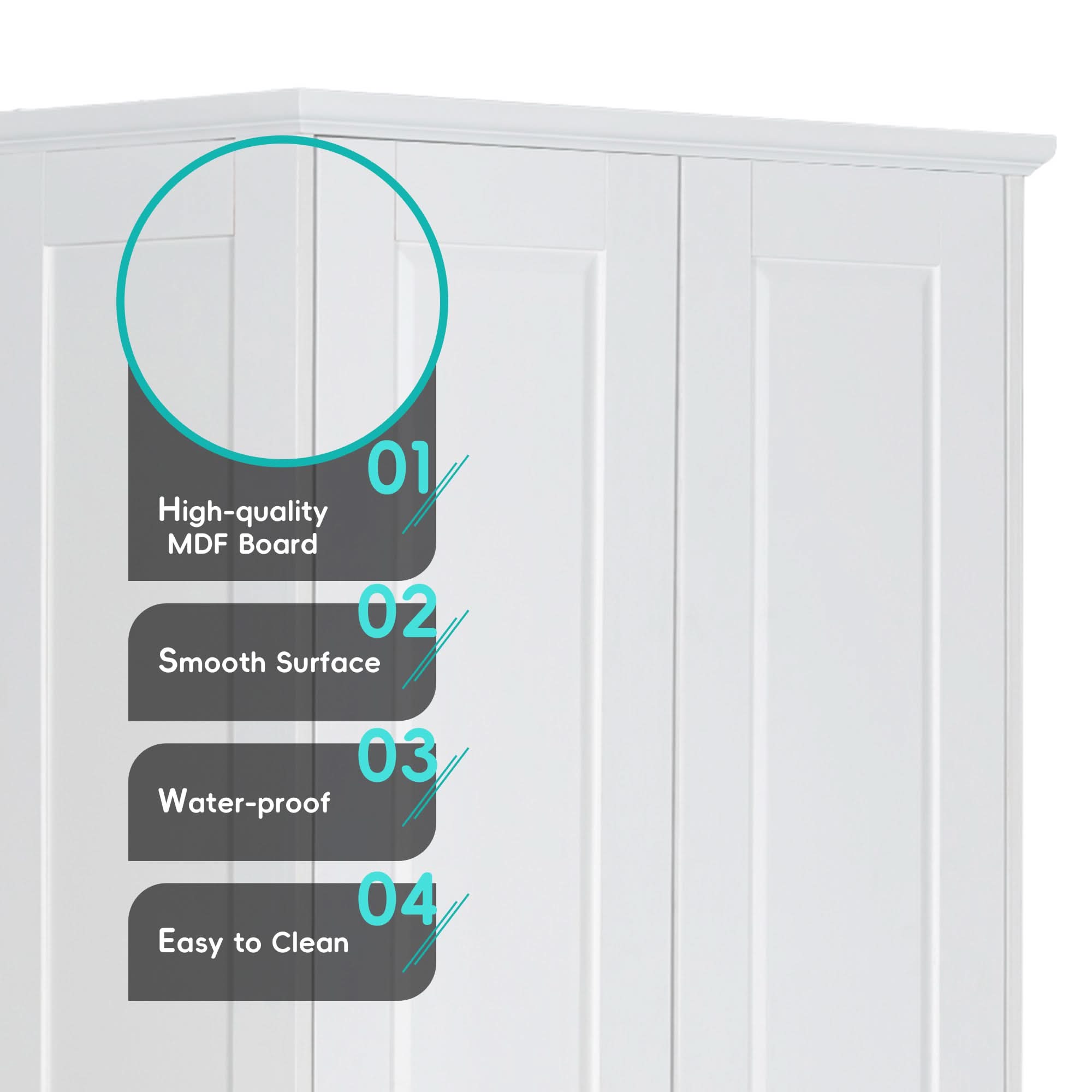 Material features of the 71.25-inch white tower bathroom cabinet, made with high-quality MDF board, smooth waterproof surface, and easy-to-clean finish.