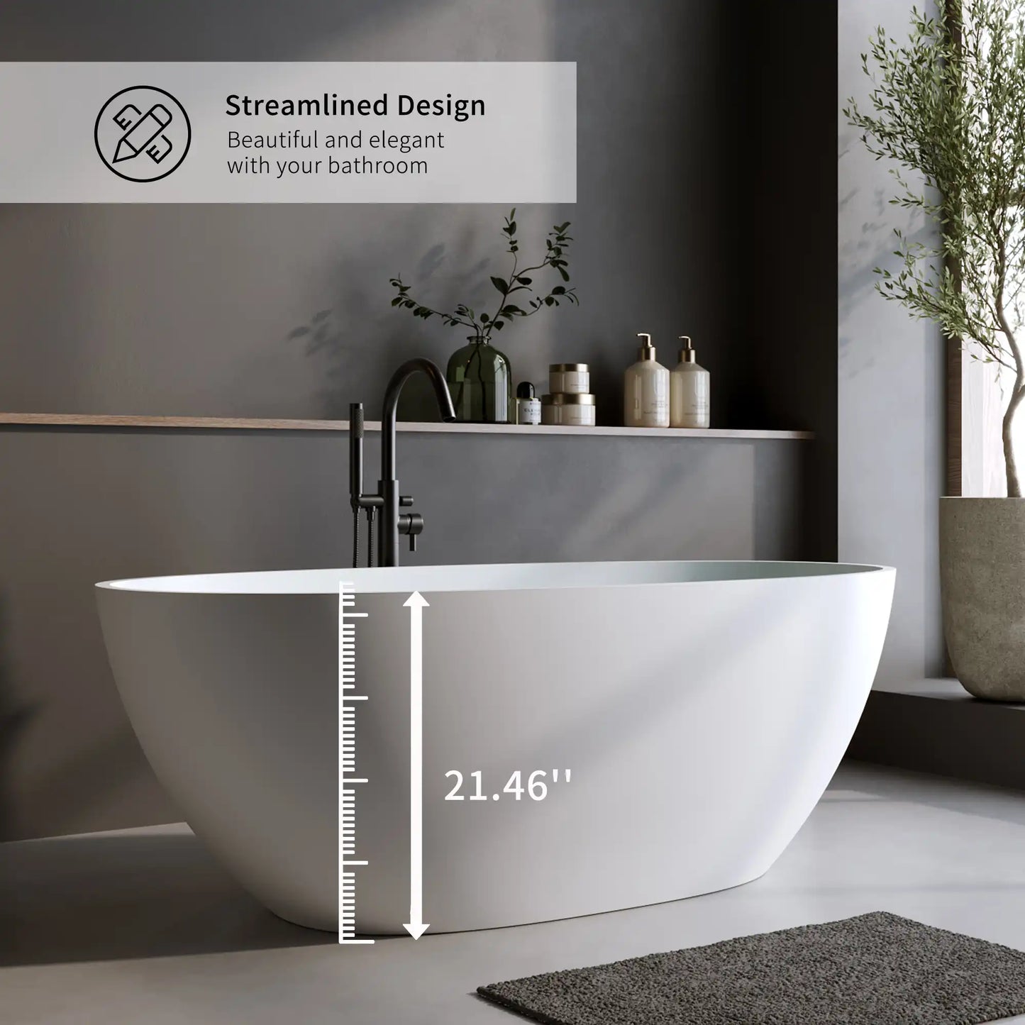 59" Matte White Curved Solid Surface Freestanding Soaking Tub with Overflow and Pop-Up Drain color: Matte White