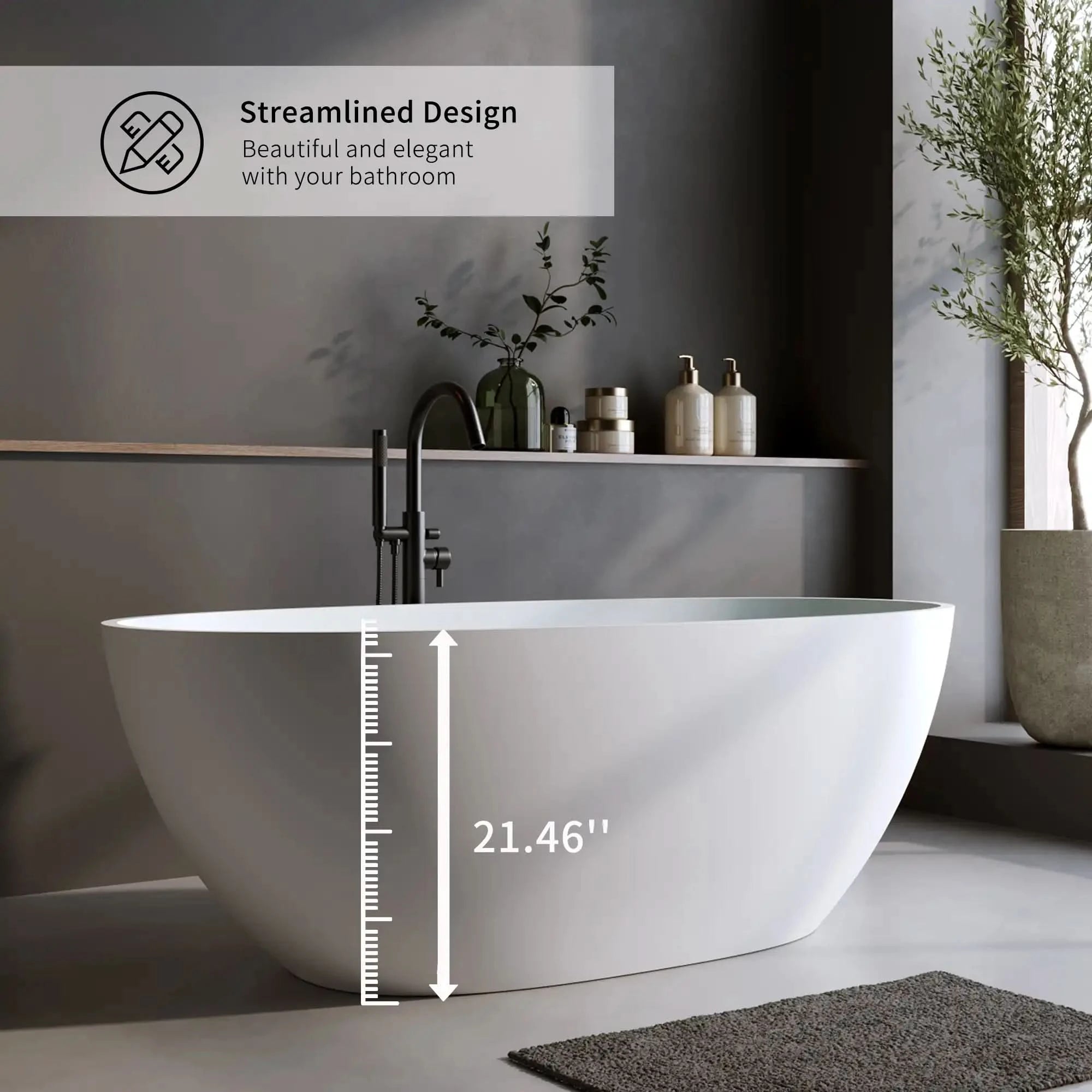 59&quot; Matte White Curved Solid Surface Freestanding Soaking Tub with Overflow and Pop-Up Drain color: Matte White