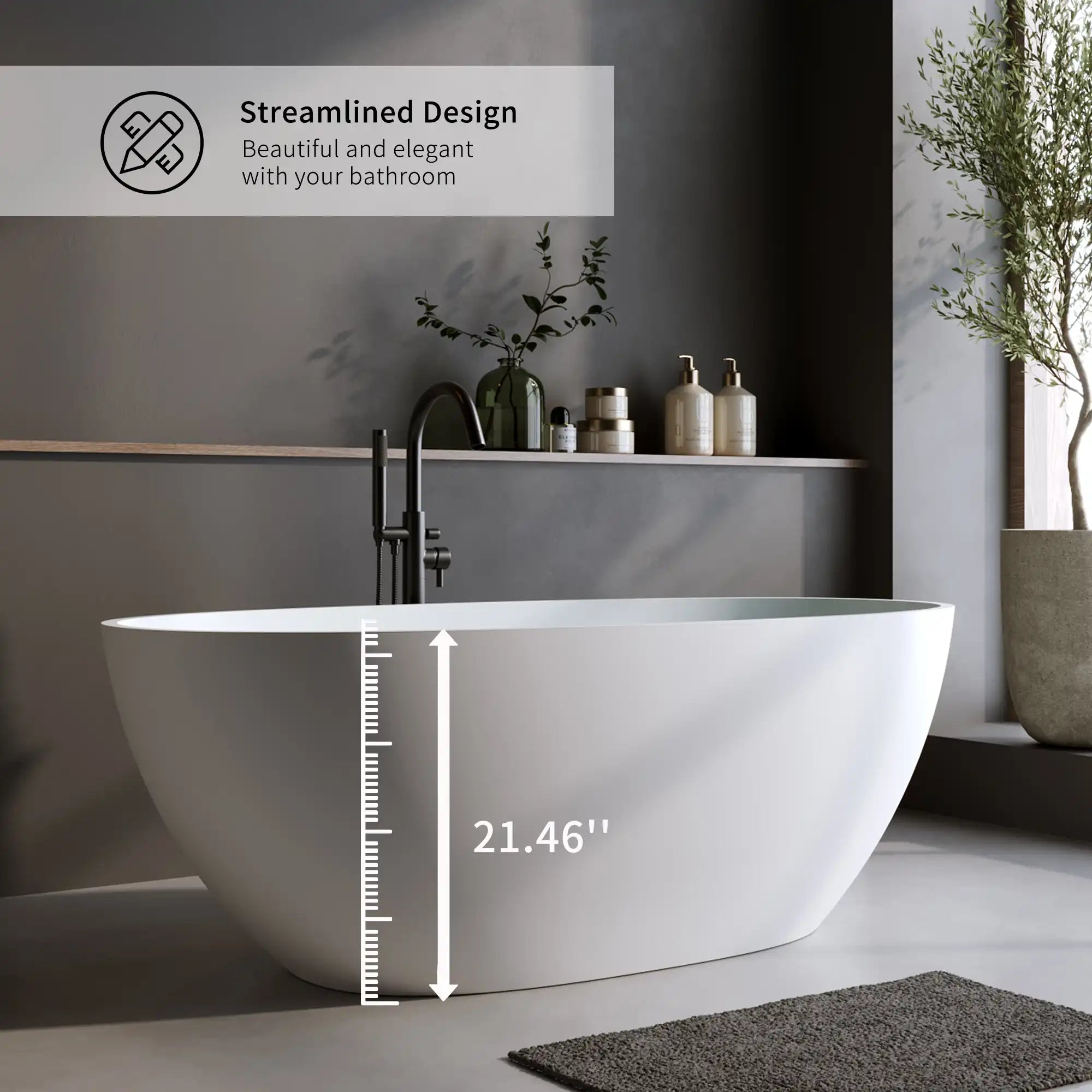 Modern bathroom with ACE DECOR freestanding bathtub Solid Surface Bathtub in matte white streamlined design.