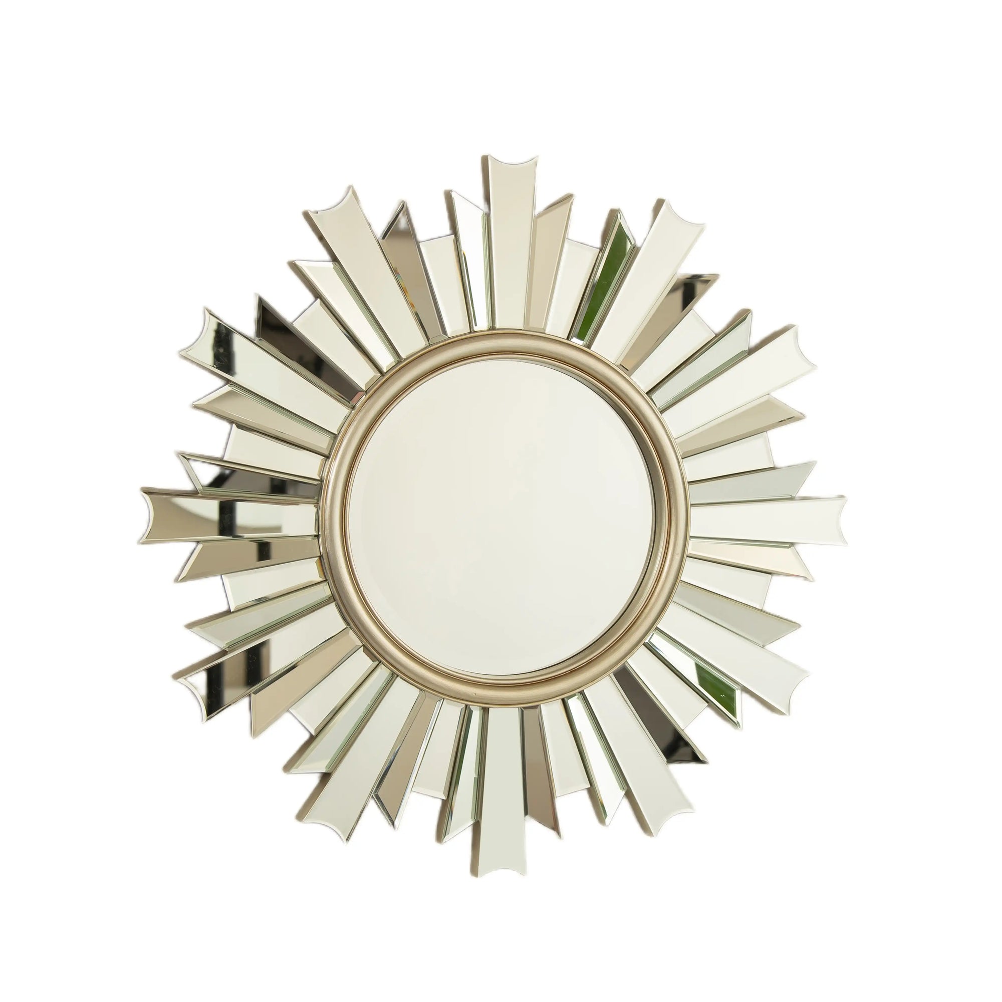 26 inch round sunburst bathroom wall mirror with silver PU frame | Ace Decor