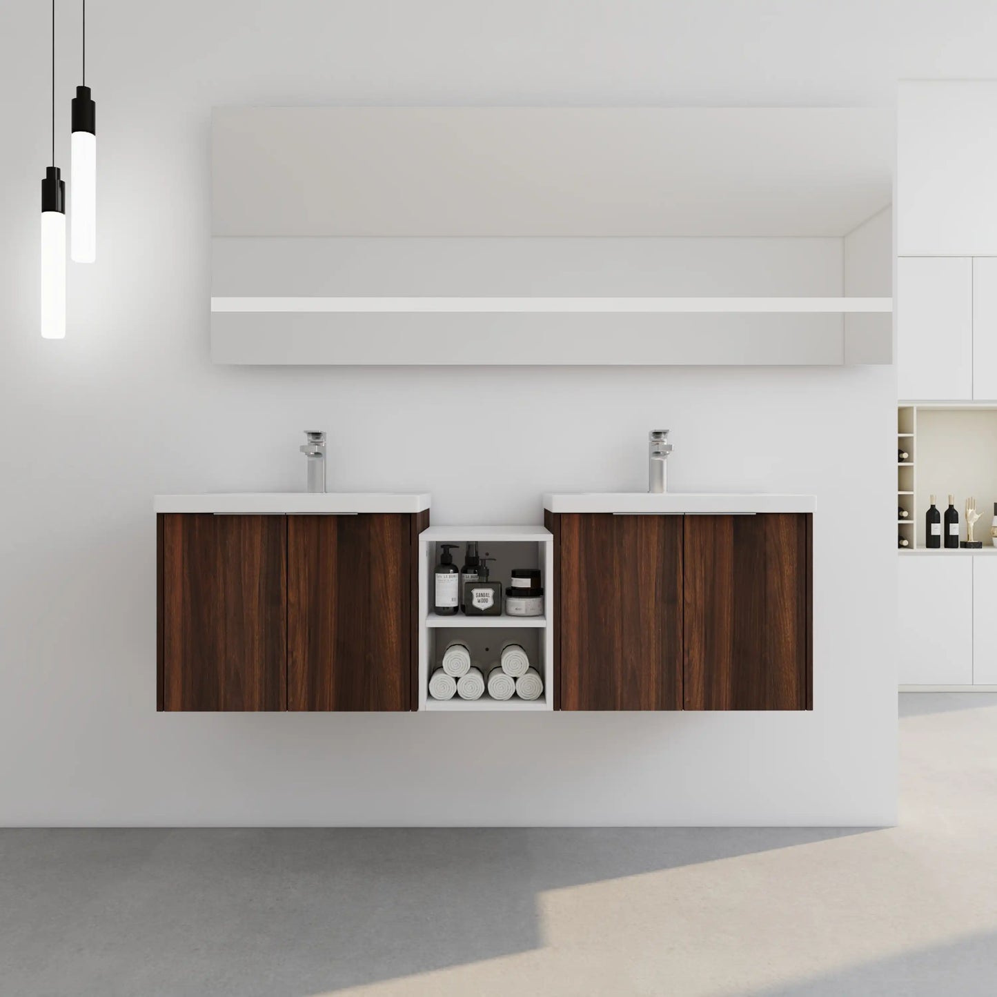 Floating Bathroom Cabinet with Sink & Soft-Close Doors - Ideal for Small Bathrooms color: California Walnut | size: 59 inch | combination: Middle Side Cabinet