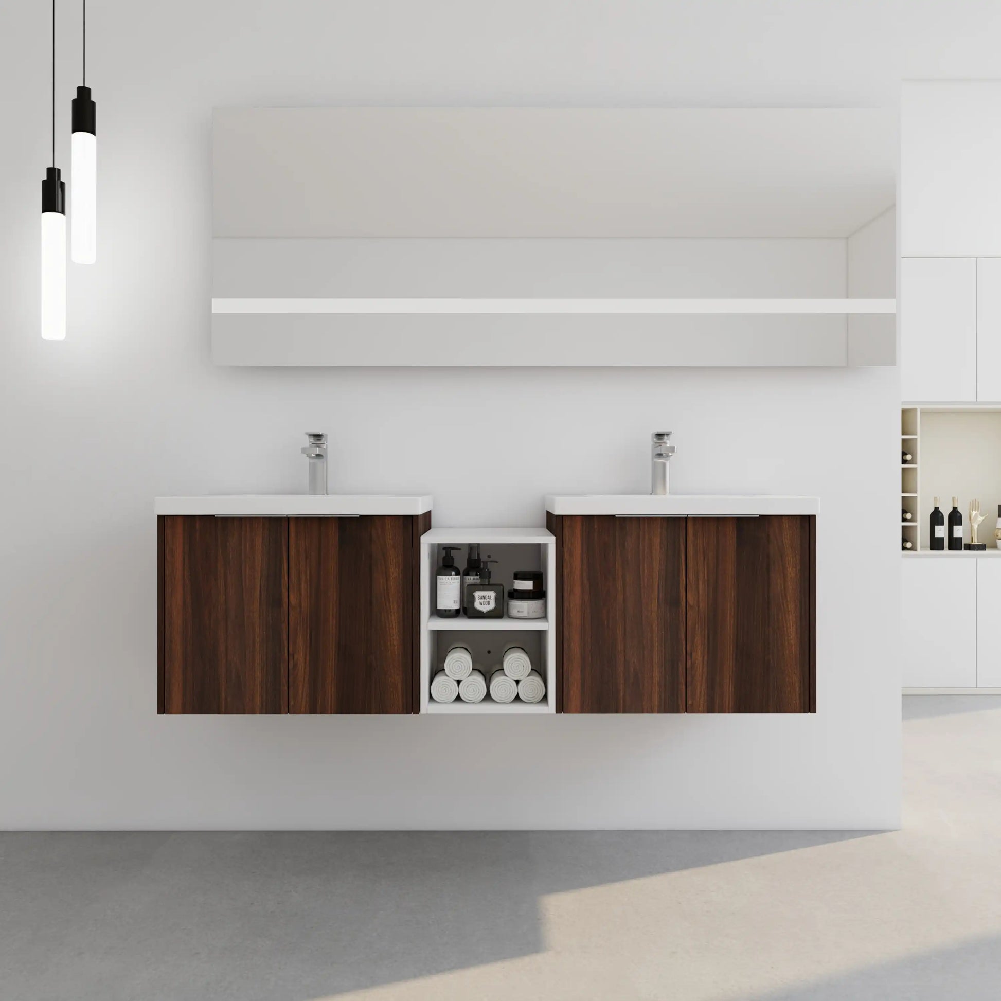 Floating Bathroom Cabinet with Sink & Soft-Close Doors - Ideal for Small Bathrooms color: California Walnut | size: 59 inch | combination: Middle Side Cabinet