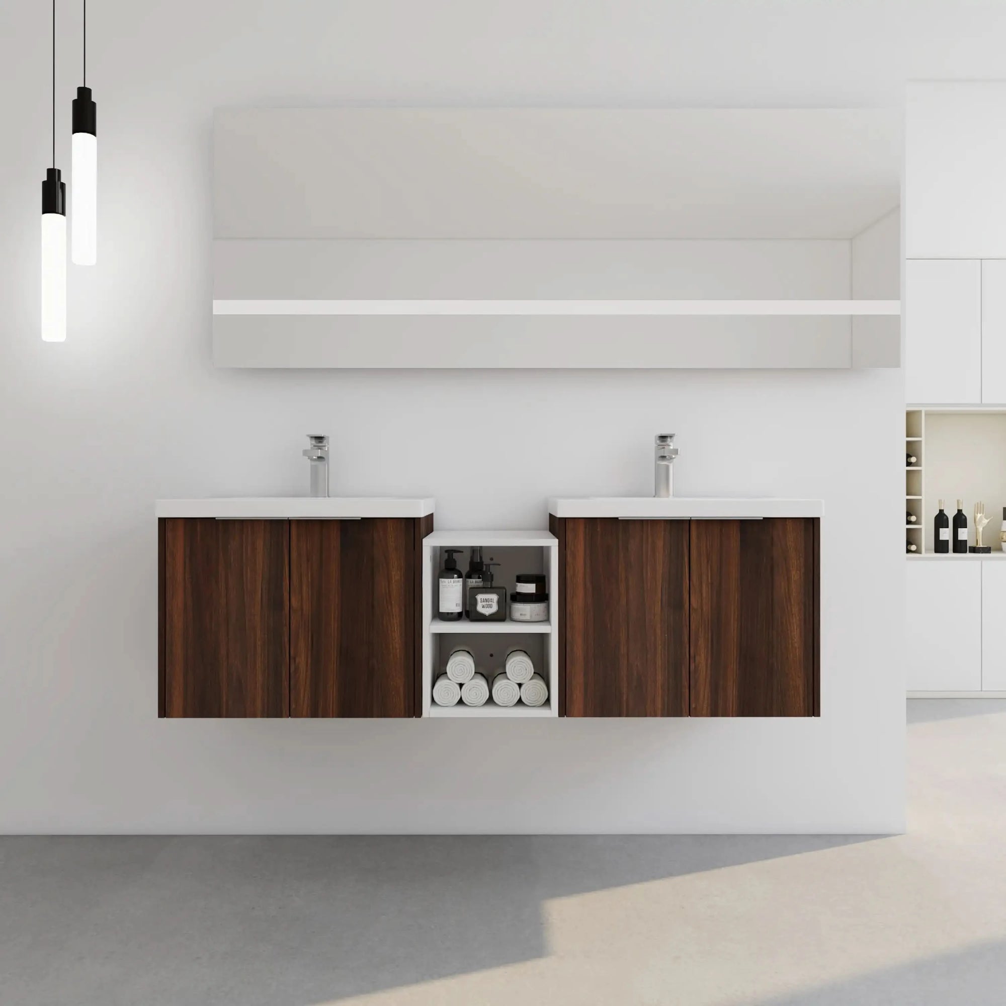 Floating Bathroom Cabinet with Sink &amp; Soft-Close Doors - Ideal for Small Bathrooms color: California Walnut | size: 59 inch | combination: Middle Side Cabinet