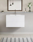 Floating Bathroom Vanity with Resin Top Basin & Soft Close Drawers - Modern Wall-Mounted Storage Cabinet color: Glossy White