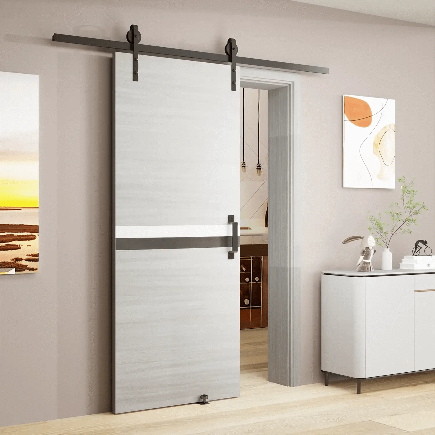 Melamine Integrated Barn Door Slab with 6.6FT Sliding Track Kit color:gray