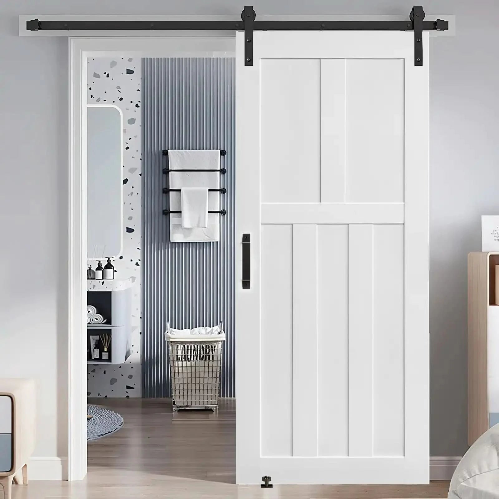 Five Panel Real Primed Barn Door Slab with 6.6FT Barn Door Sliding Hardware color: White