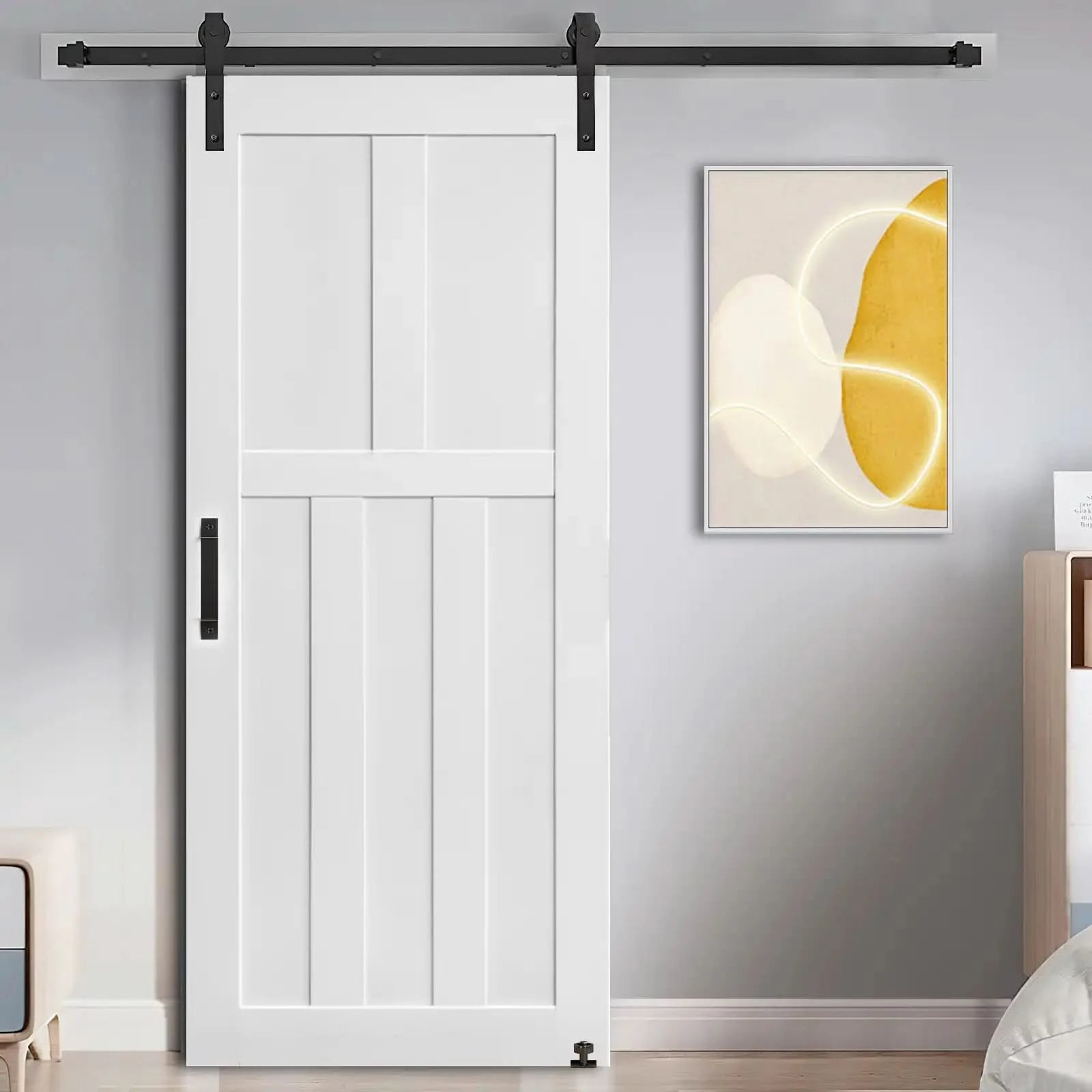 Five Panel Real Primed Barn Door Slab with 6.6FT Barn Door Sliding Hardware color: White